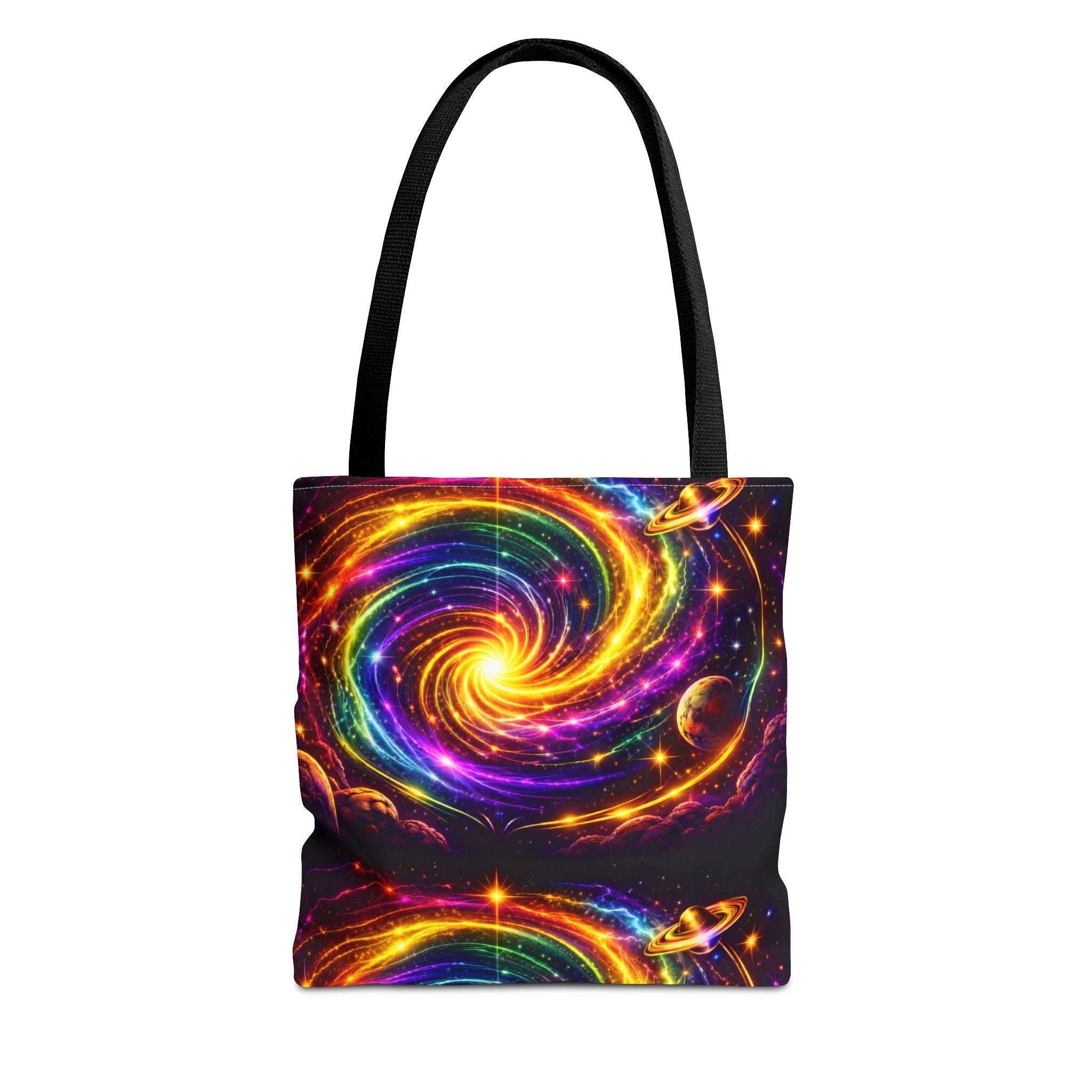 Galaxy Swirl Tote Bag — Vibrant Rainbow Space Spiral All-Over Print Printify