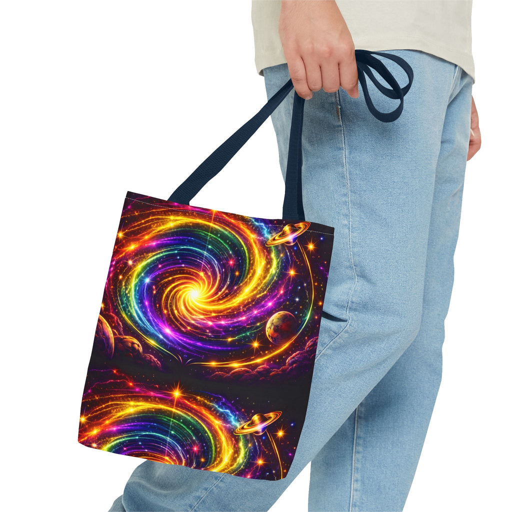 Galaxy Swirl Tote Bag — Vibrant Rainbow Space Spiral All-Over Print Printify