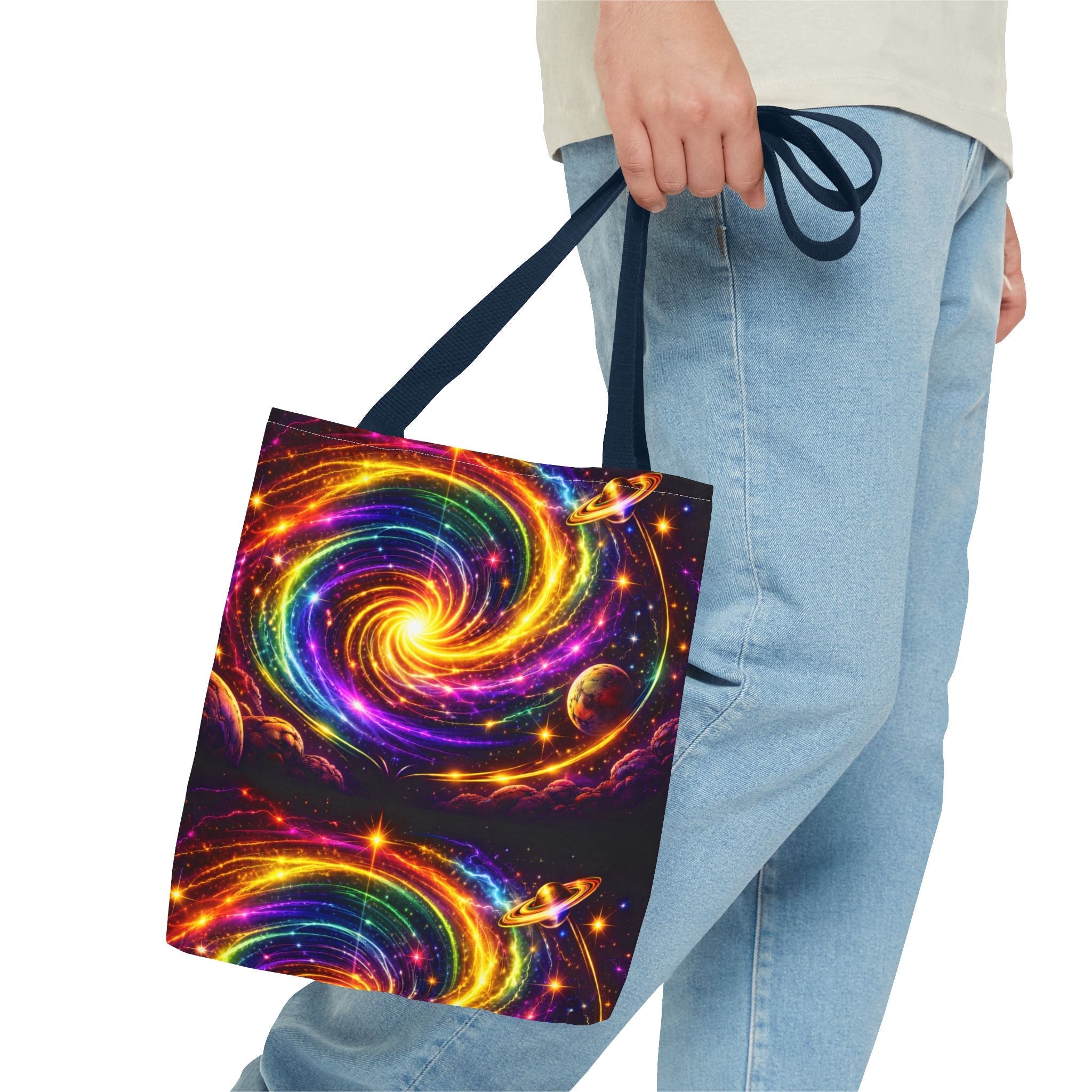 Galaxy Swirl Tote Bag — Vibrant Rainbow Space Spiral All-Over Print Printify