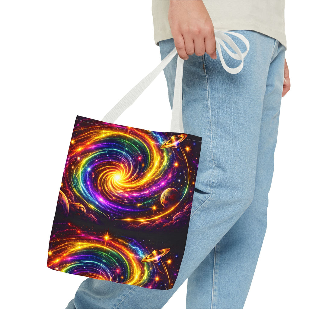 Galaxy Swirl Tote Bag — Vibrant Rainbow Space Spiral All-Over Print Printify