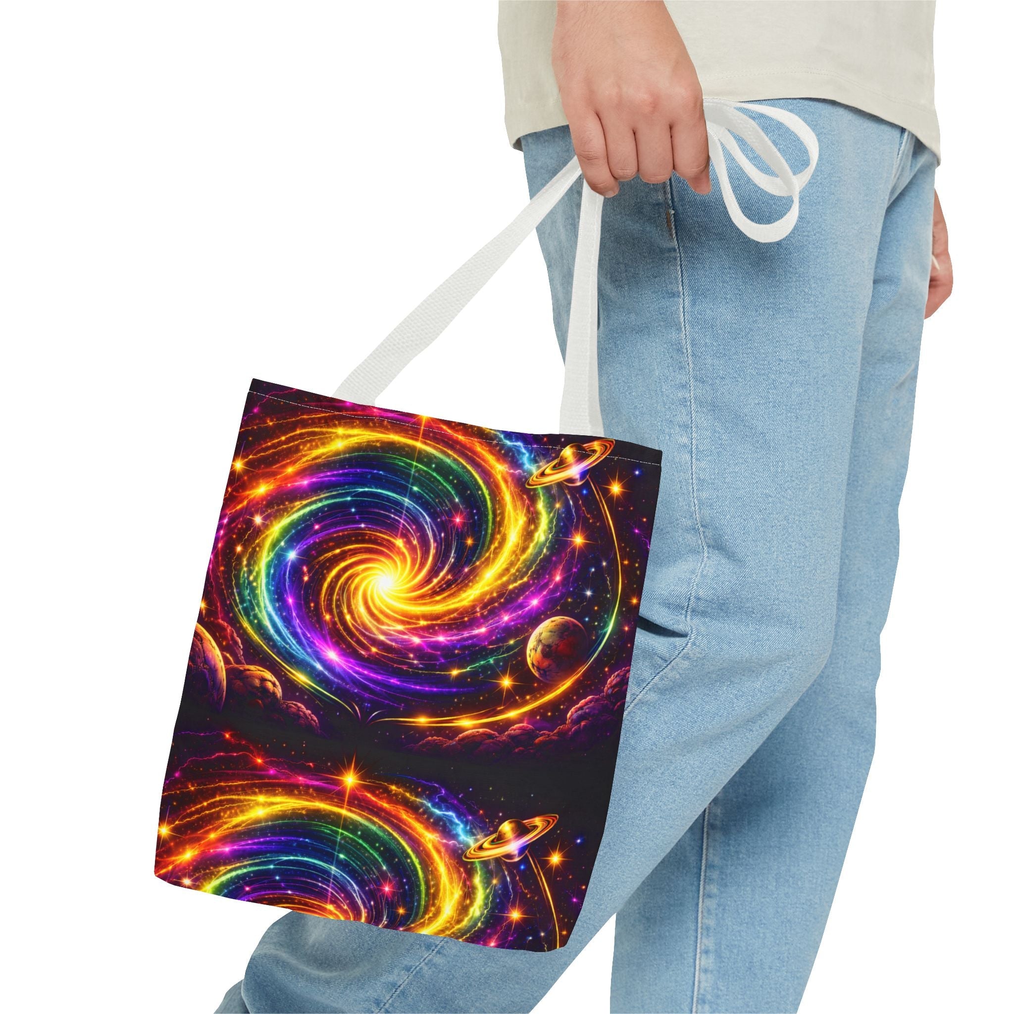 Galaxy Swirl Tote Bag — Vibrant Rainbow Space Spiral All-Over Print Printify