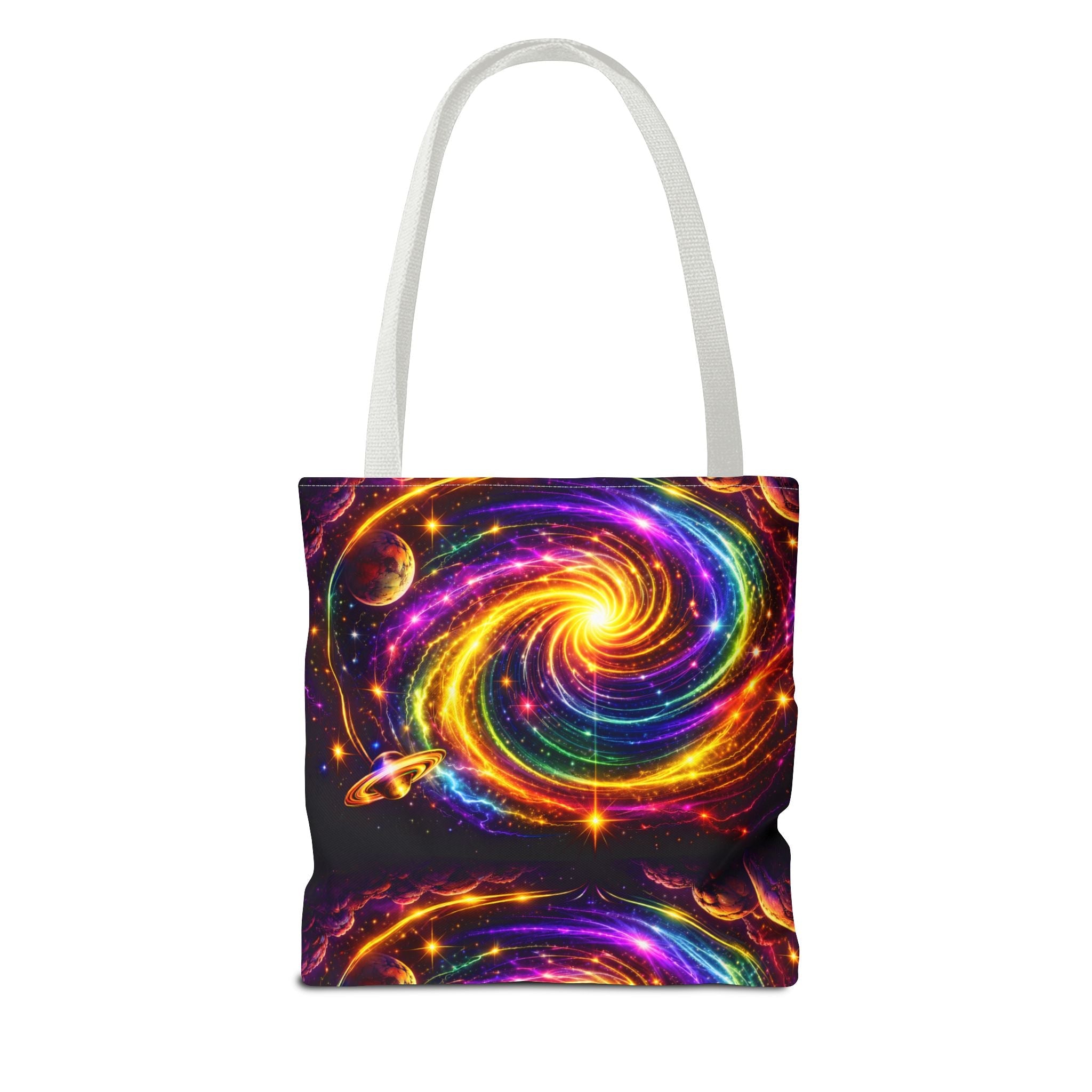 Galaxy Swirl Tote Bag — Vibrant Rainbow Space Spiral All-Over Print Printify