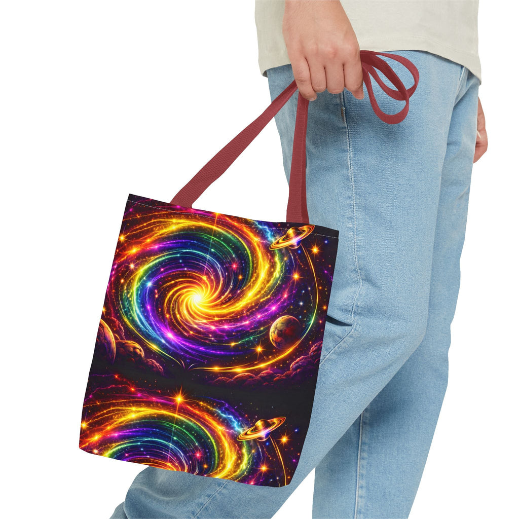 Galaxy Swirl Tote Bag — Vibrant Rainbow Space Spiral All-Over Print Printify