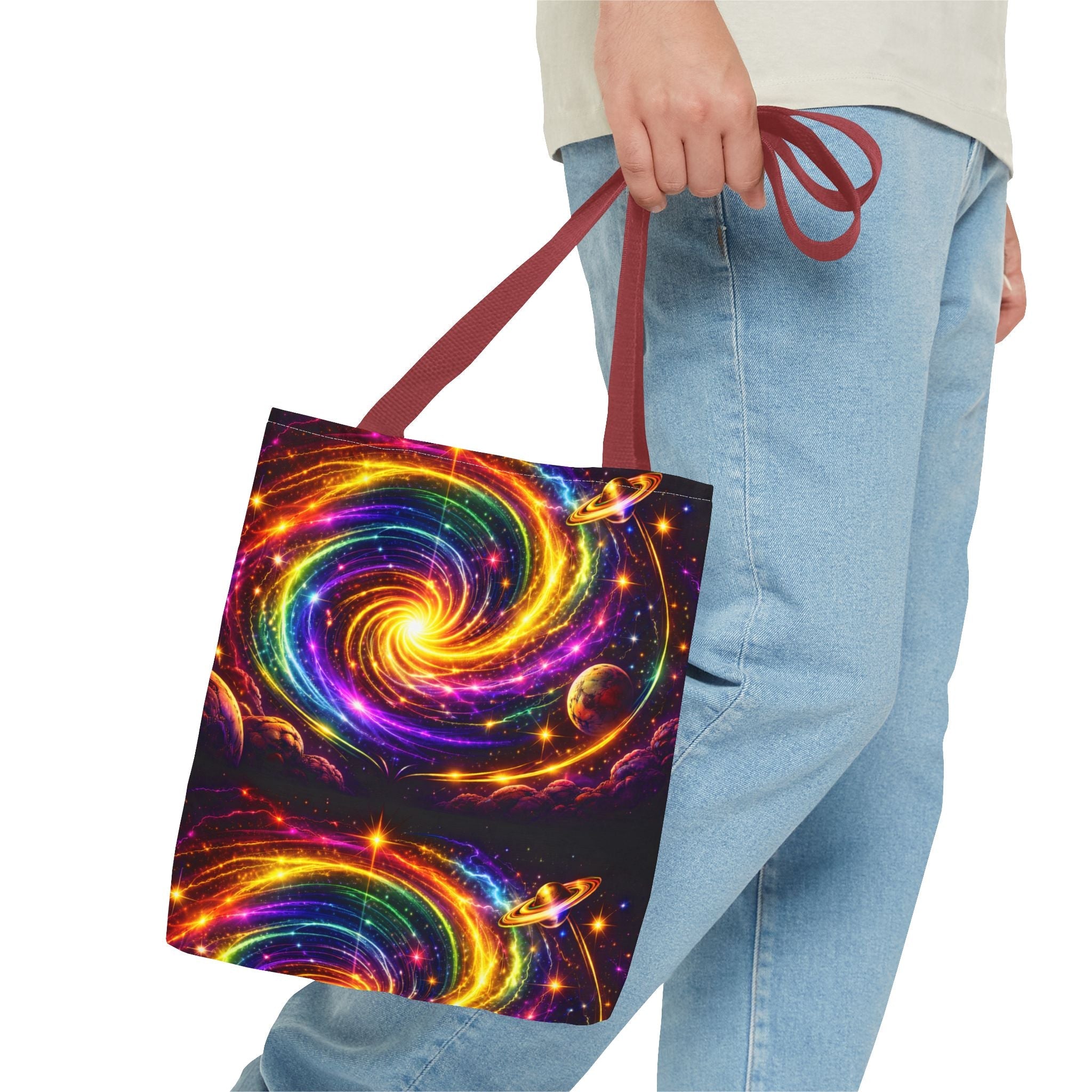 Galaxy Swirl Tote Bag — Vibrant Rainbow Space Spiral All-Over Print Printify