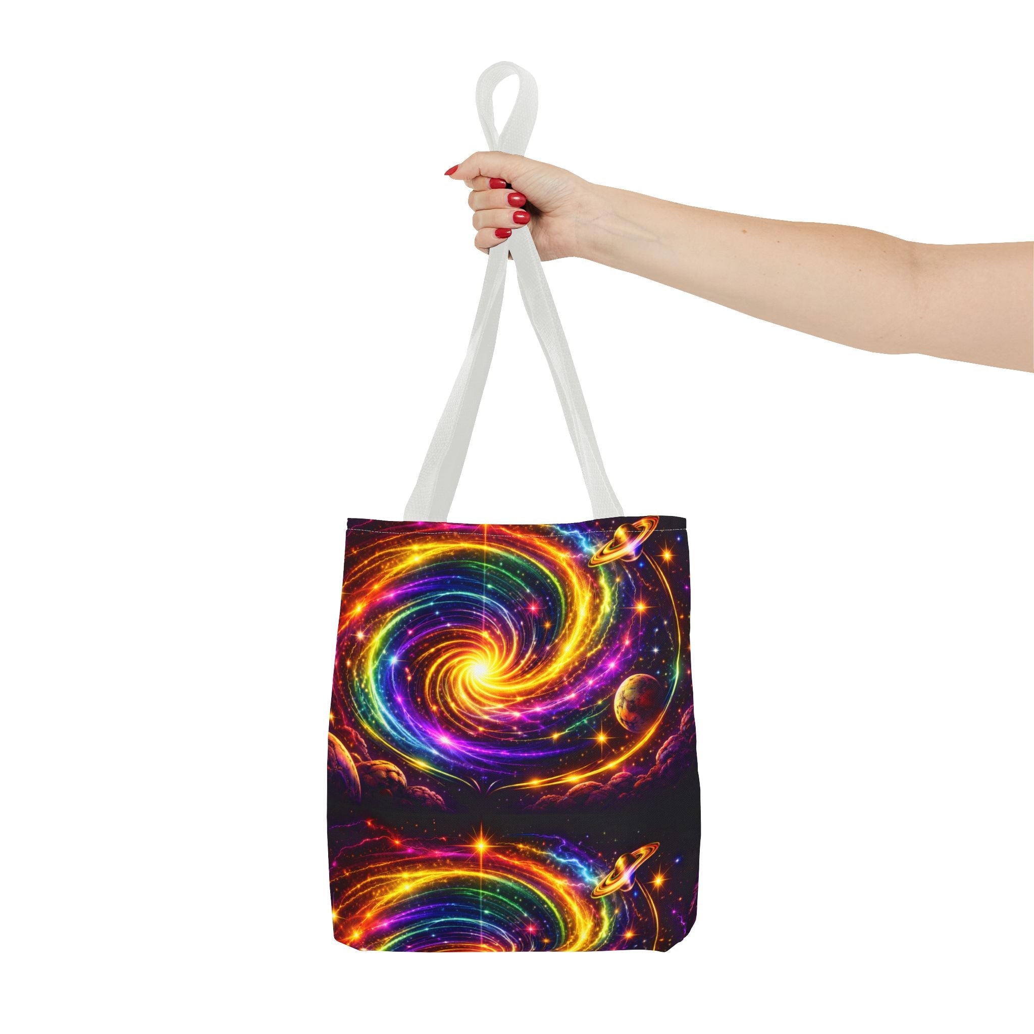 Galaxy Swirl Tote Bag — Vibrant Rainbow Space Spiral All-Over Print Printify