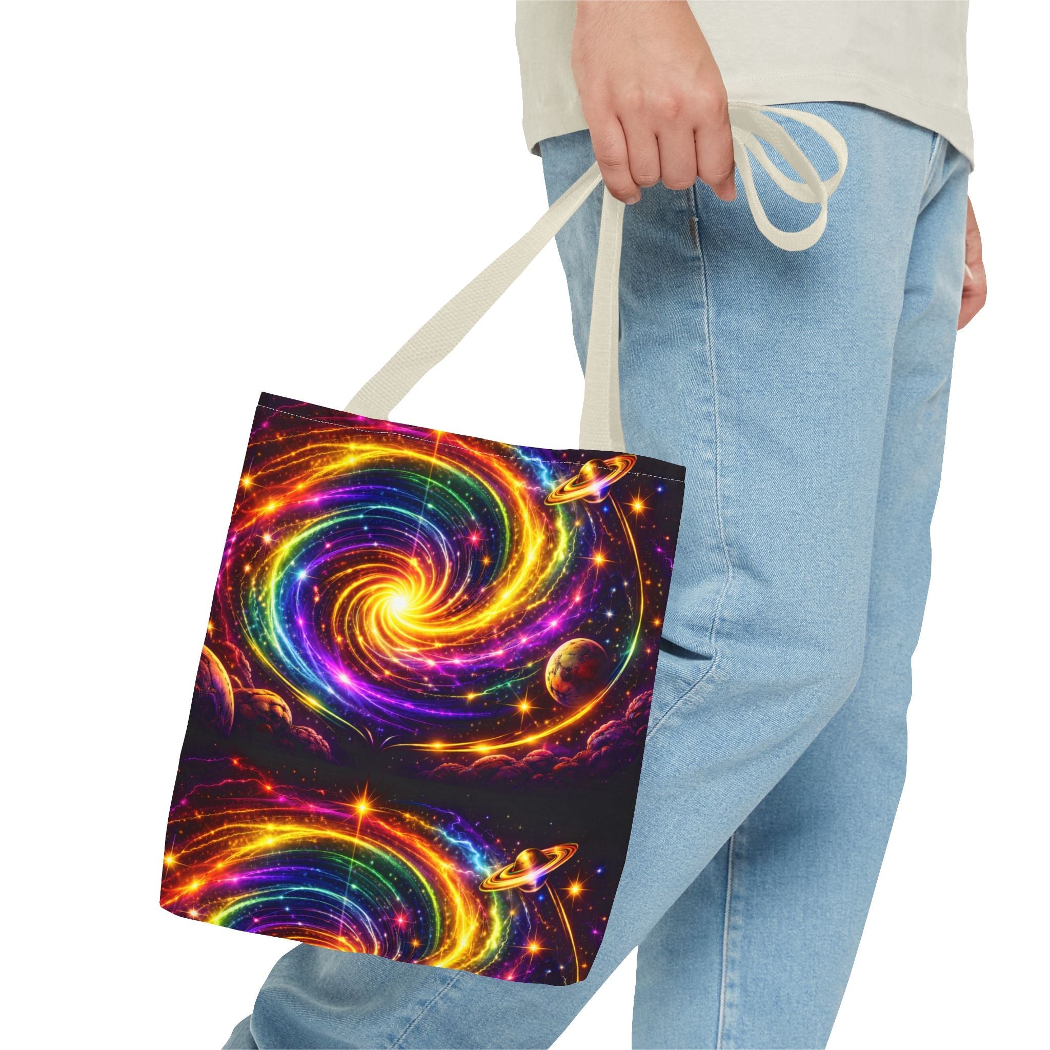 Galaxy Swirl Tote Bag — Vibrant Rainbow Space Spiral All-Over Print Printify