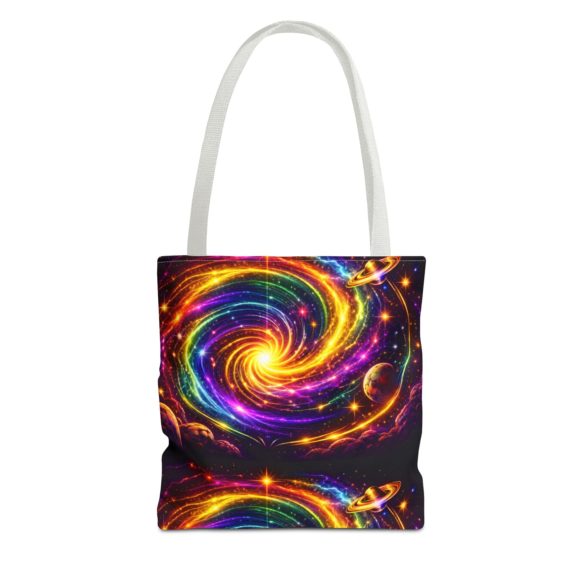 Galaxy Swirl Tote Bag — Vibrant Rainbow Space Spiral All-Over Print Printify