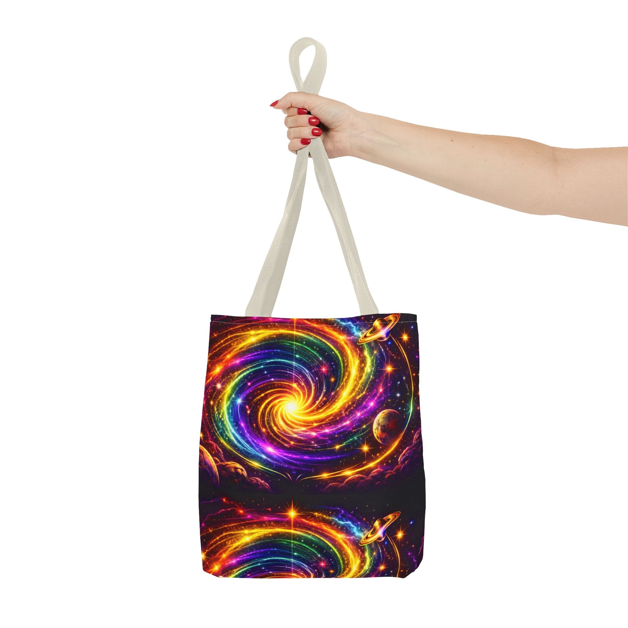 Galaxy Swirl Tote Bag — Vibrant Rainbow Space Spiral All-Over Print Printify