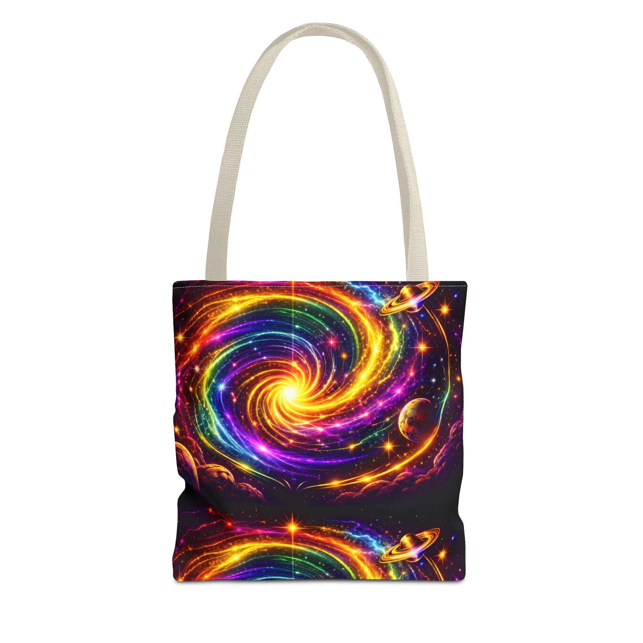 Galaxy Swirl Tote Bag — Vibrant Rainbow Space Spiral All-Over Print Printify
