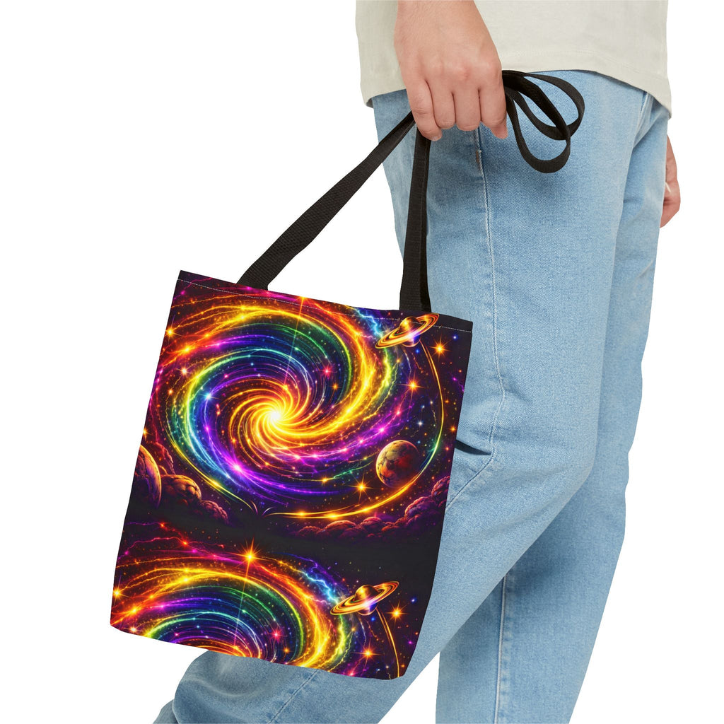 Galaxy Swirl Tote Bag — Vibrant Rainbow Space Spiral All-Over Print Printify