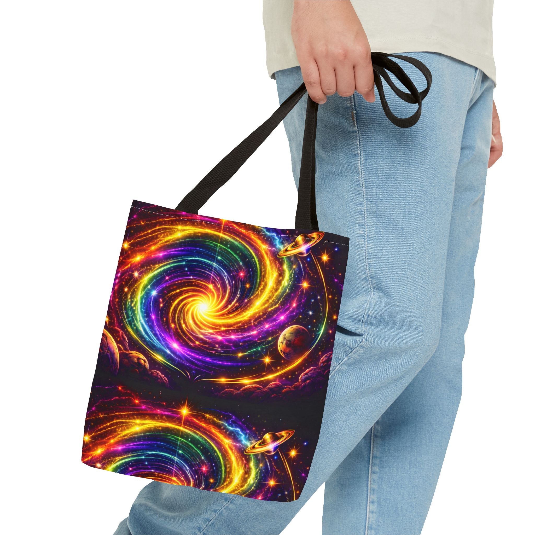Galaxy Swirl Tote Bag — Vibrant Rainbow Space Spiral All-Over Print Printify