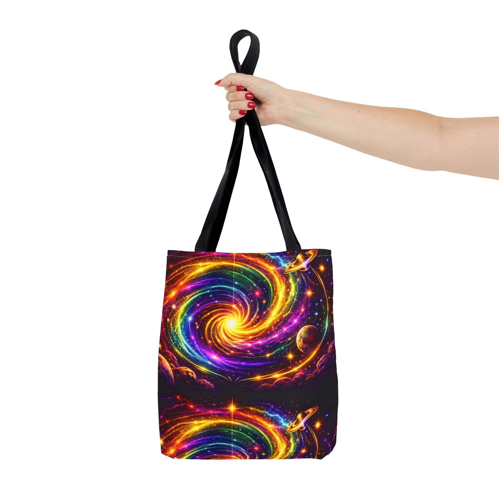 Galaxy Swirl Tote Bag — Vibrant Rainbow Space Spiral All-Over Print Printify