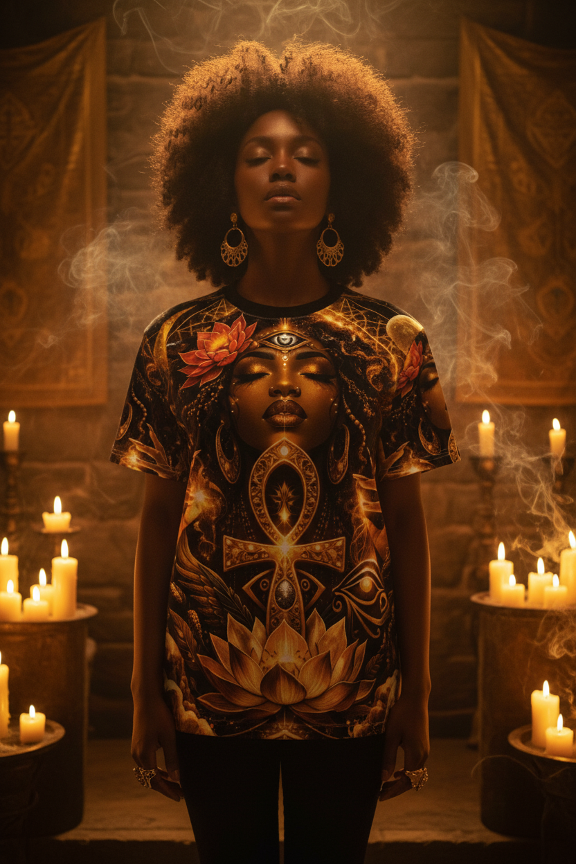 Golden Ankh Goddess AOP Tee — Lifestyle