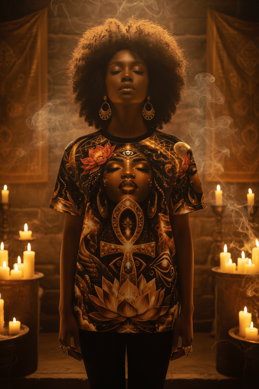 Golden Ankh Goddess AOP Tee — Lifestyle