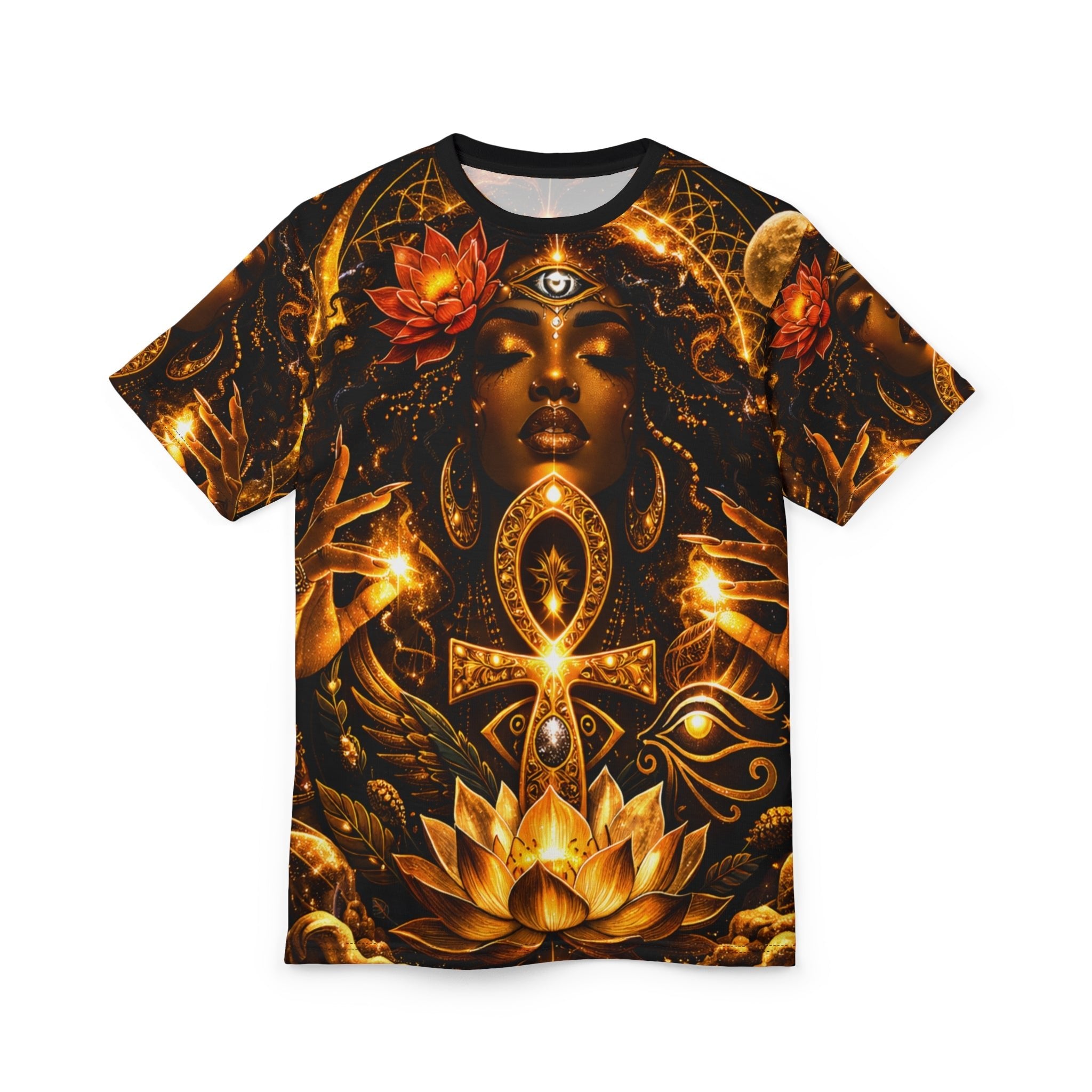 Golden Ankh Goddess AOP Tee | Sacred Feminine Unisex Cut & Sew Tee