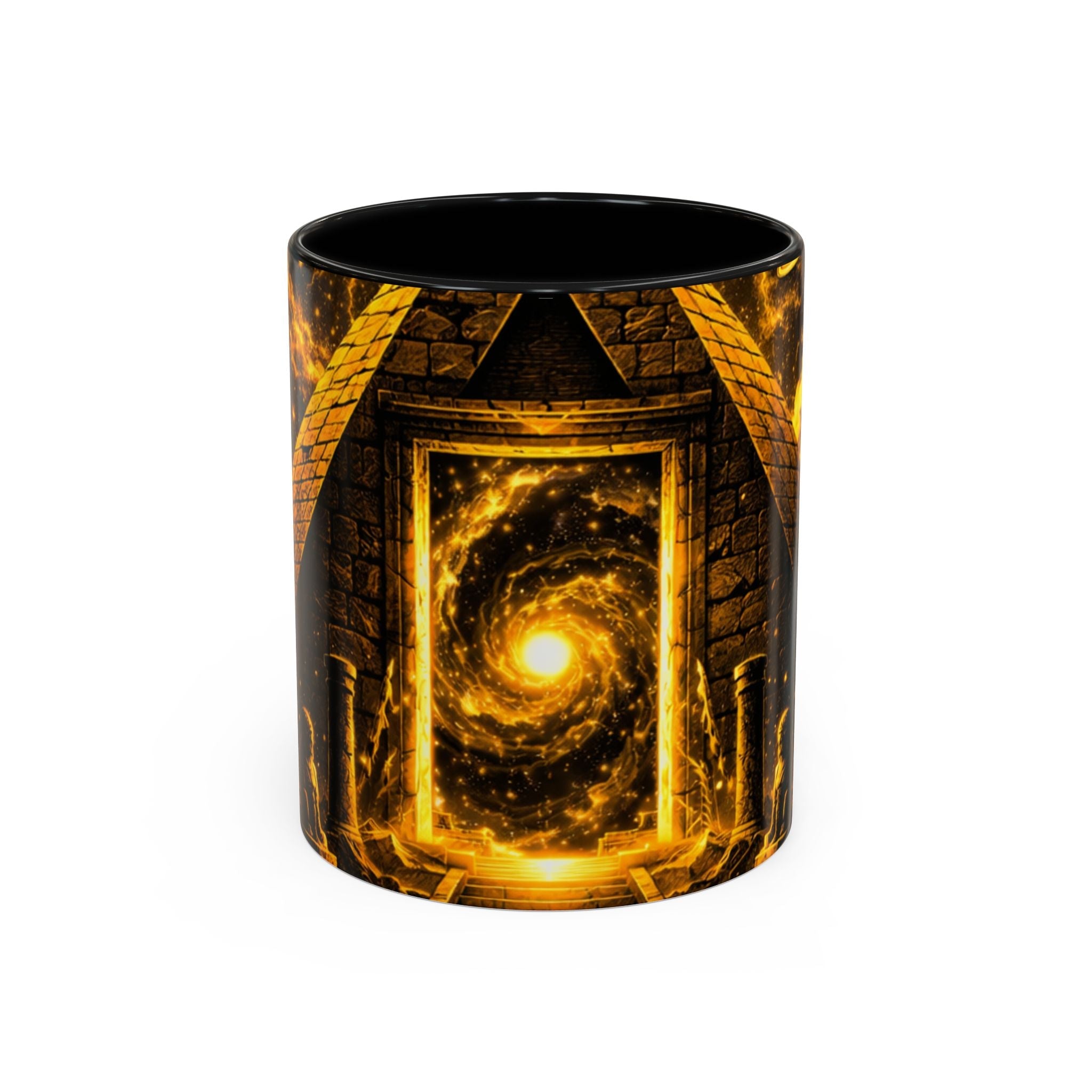 Golden Portal Coffee Mug — Mystical Spiral Galaxy Pyramid Design (11/15 oz) Printify