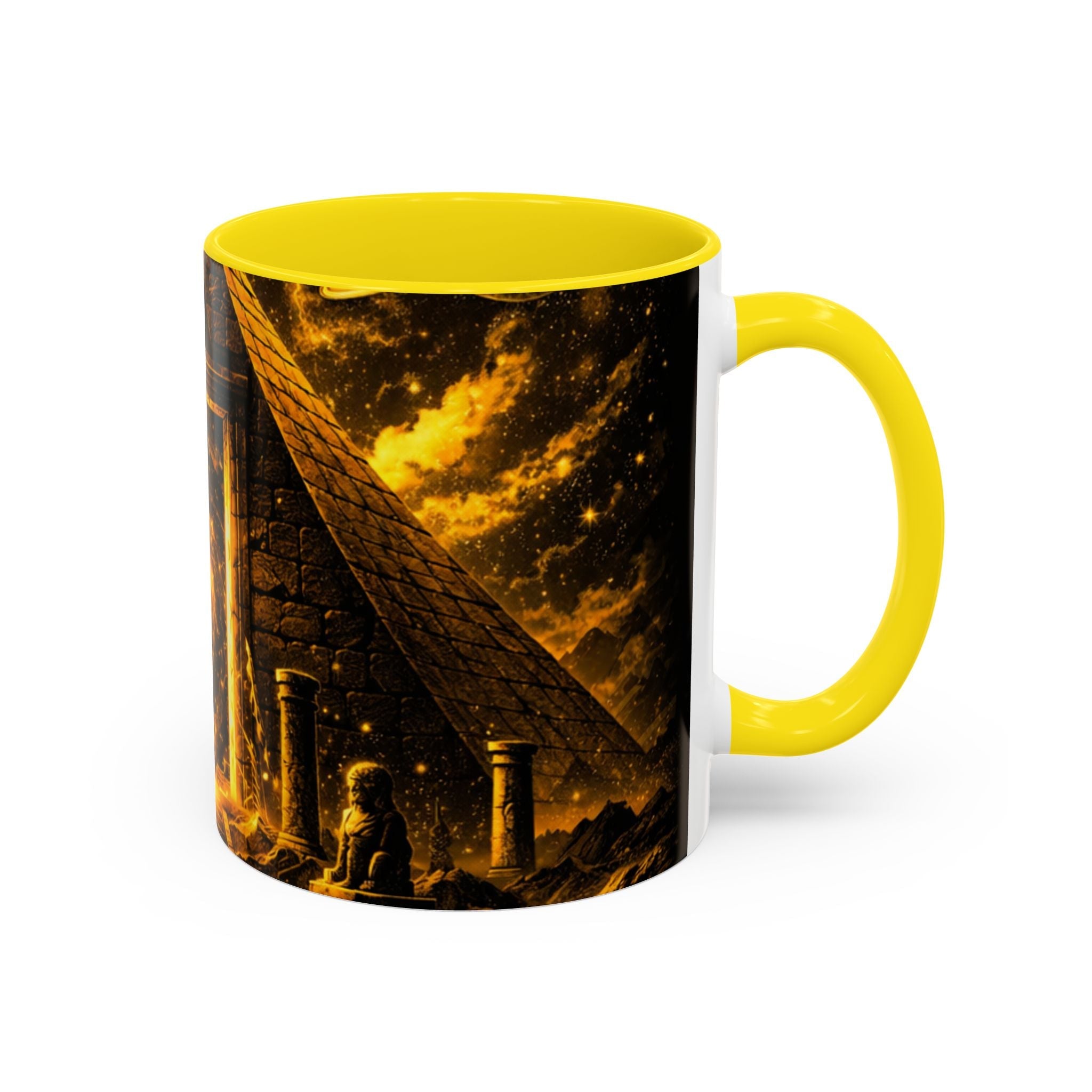 Golden Portal Coffee Mug — Mystical Spiral Galaxy Pyramid Design (11/15 oz) Printify