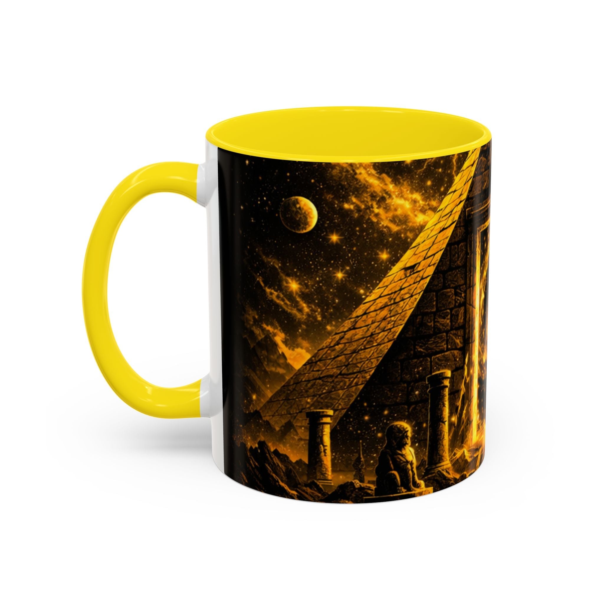 Golden Portal Coffee Mug — Mystical Spiral Galaxy Pyramid Design (11/15 oz) Printify