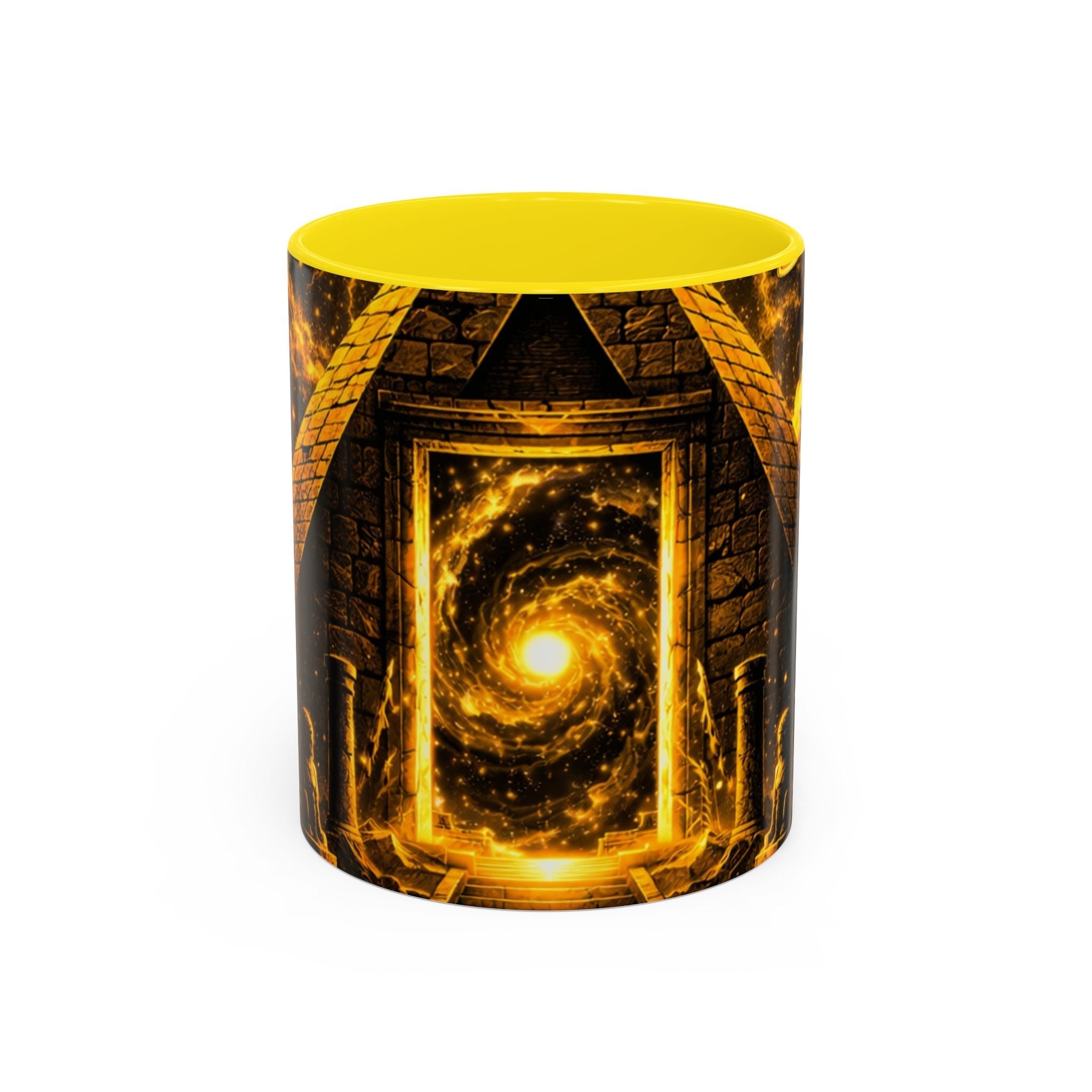 Golden Portal Coffee Mug — Mystical Spiral Galaxy Pyramid Design (11/15 oz) Printify