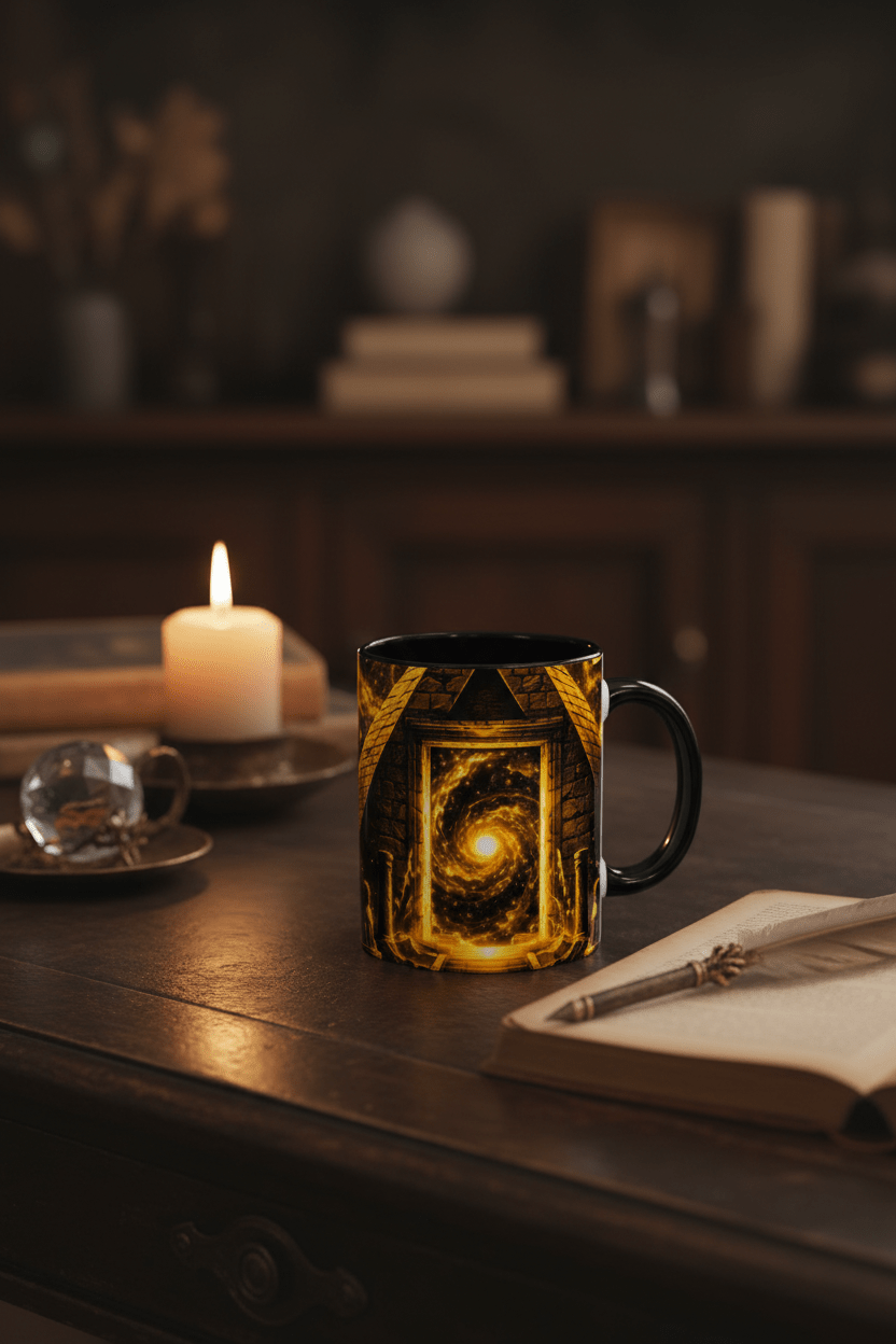 Golden Portal Mug — Dark Desk