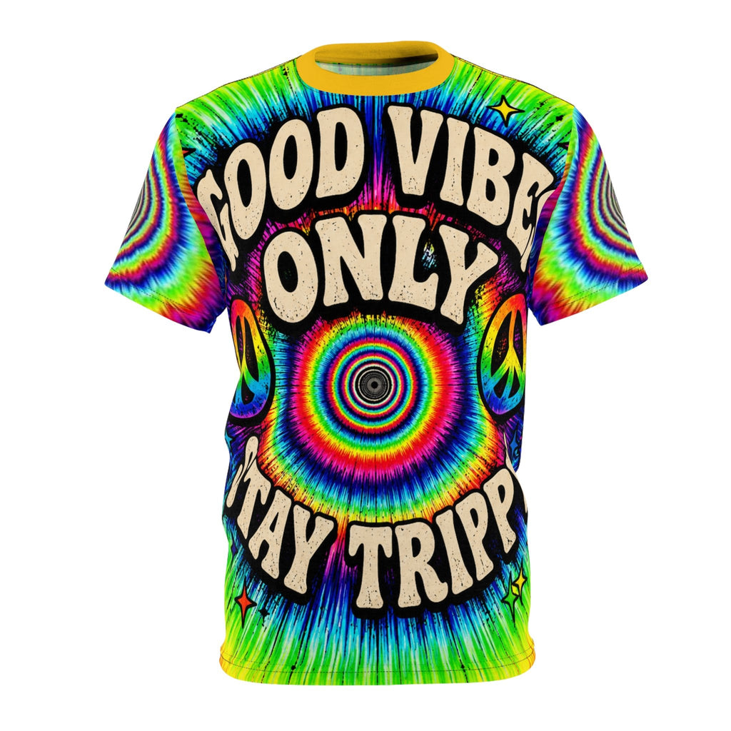 Good Vibes Only Stay Trippy AOP Tee – Psychedelic Rainbow Graphic T-Shirt