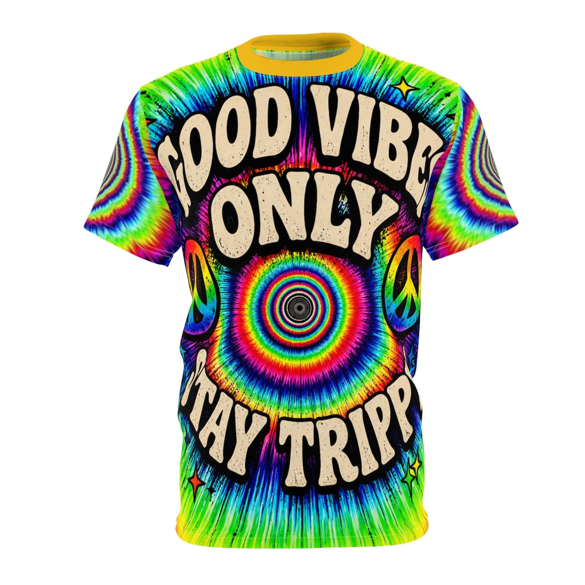 Good Vibes Only Stay Trippy AOP Tee – Psychedelic Rainbow Graphic T-Shirt