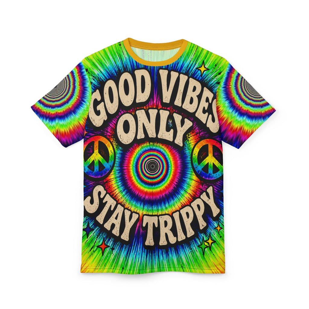 Good Vibes Only Stay Trippy AOP Tee – Psychedelic Rainbow Graphic T-Shirt