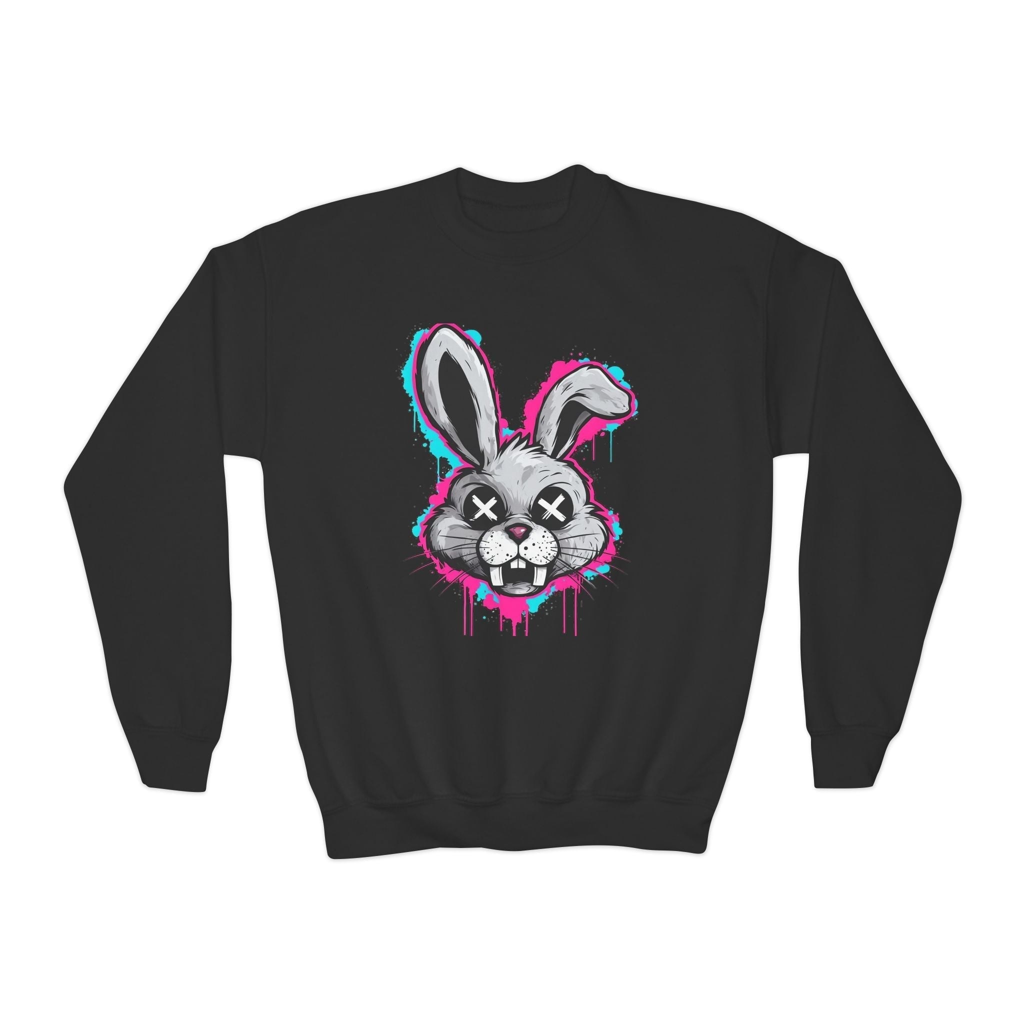 Cool Graffiti Bunny Youth Sweatshirt, Hipster Crewneck, Street Art Apparel, Gift for Kids, Fun Casual Wear, Comfy and Stylish Printify