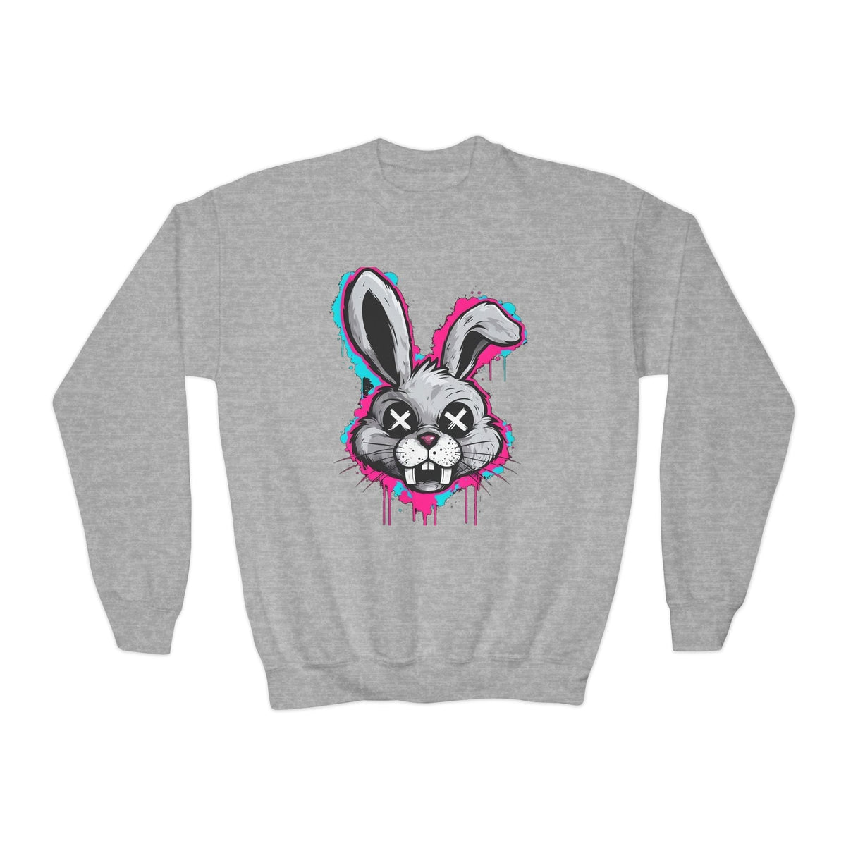 Cool Graffiti Bunny Youth Sweatshirt, Hipster Crewneck, Street Art Apparel, Gift for Kids, Fun Casual Wear, Comfy and Stylish Printify