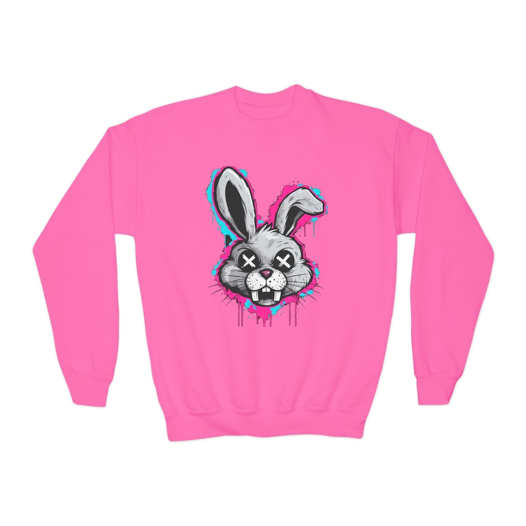 Cool Graffiti Bunny Youth Sweatshirt, Hipster Crewneck, Street Art Apparel, Gift for Kids, Fun Casual Wear, Comfy and Stylish Printify