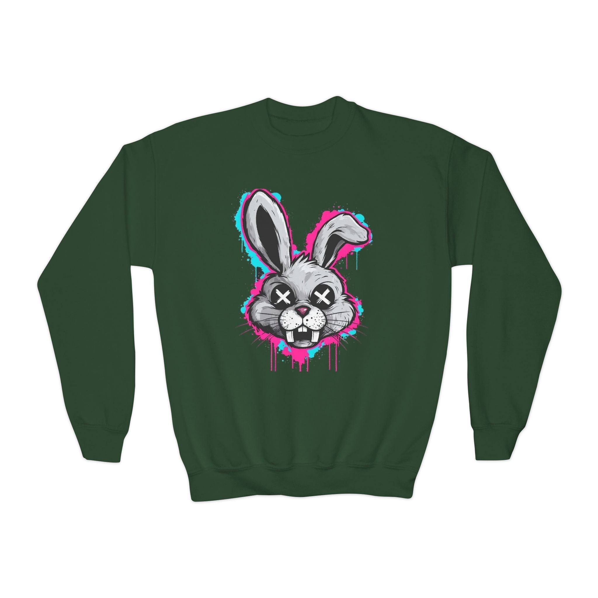 Cool Graffiti Bunny Youth Sweatshirt, Hipster Crewneck, Street Art Apparel, Gift for Kids, Fun Casual Wear, Comfy and Stylish Printify