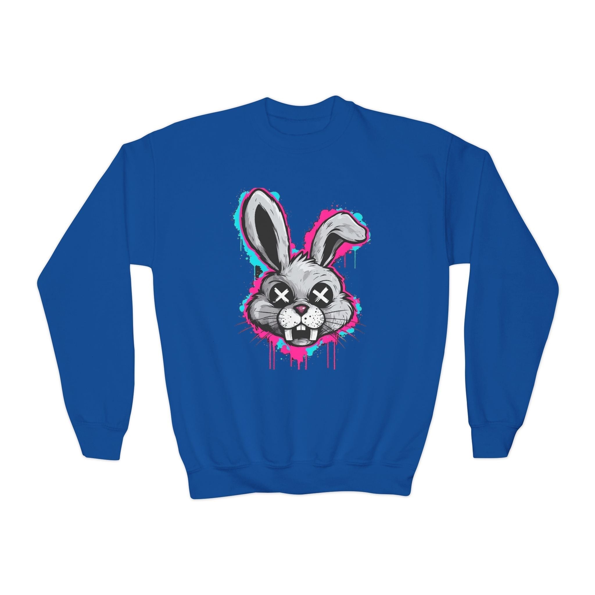 Cool Graffiti Bunny Youth Sweatshirt, Hipster Crewneck, Street Art Apparel, Gift for Kids, Fun Casual Wear, Comfy and Stylish Printify