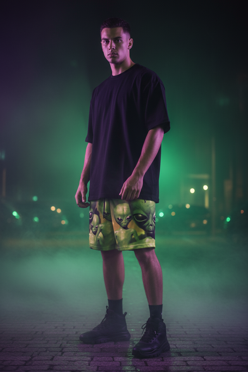 Green Alien Cinematic Shorts — Movie Scene Lifestyle