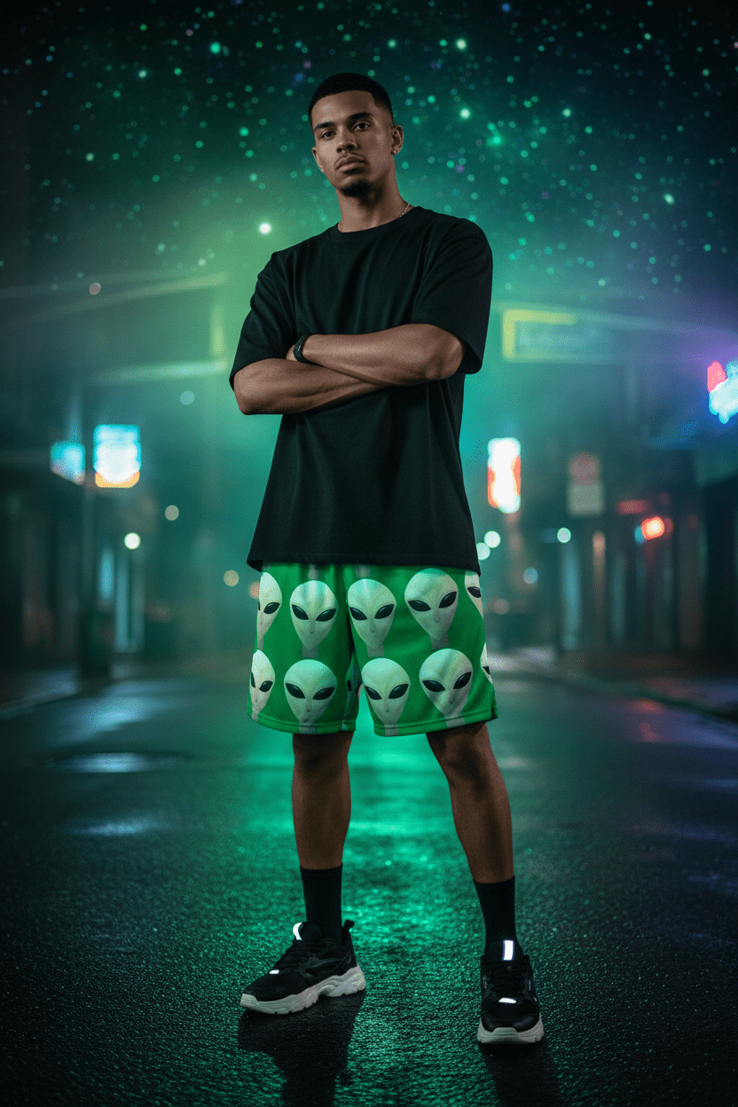 Alien Face Green Shorts — Night Neon Lifestyle