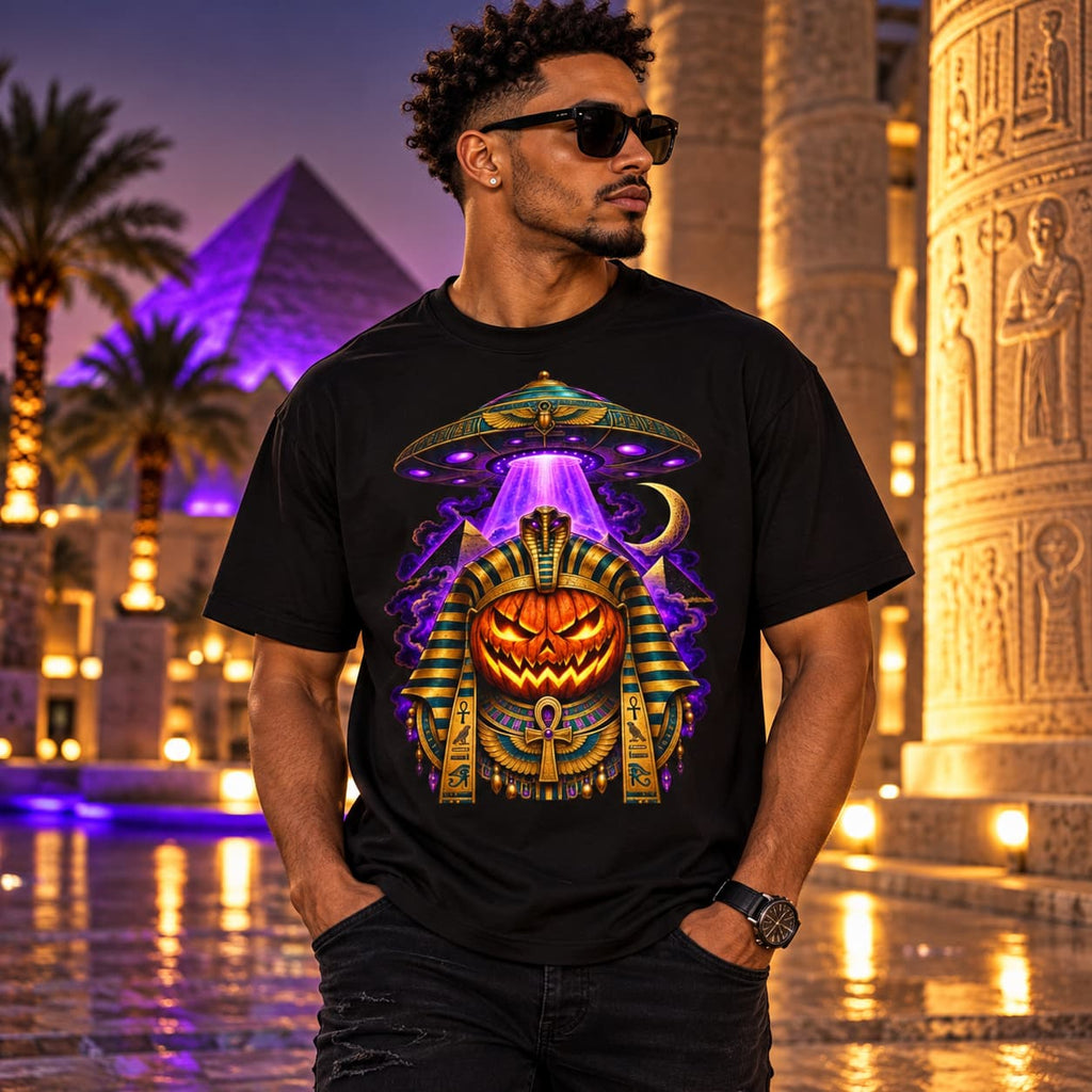 Halloween Pumpkin Pharaoh T‑Shirt — Alien UFO Abduction Graphic Tee