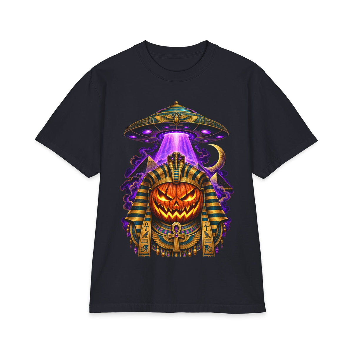 Halloween Pumpkin Pharaoh T‑Shirt — Alien UFO Abduction Graphic Tee