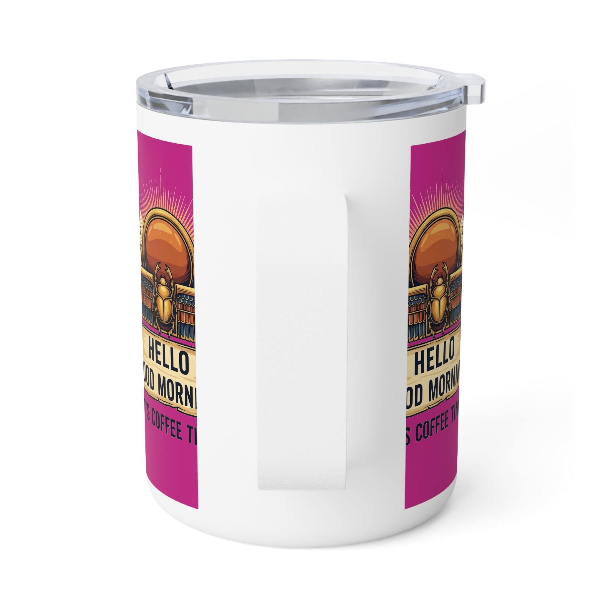 Hello Good Morning Coffee Mug — 10oz Insulated Travel Tumbler with Egyptian Scarab Sunrise Design ☕️