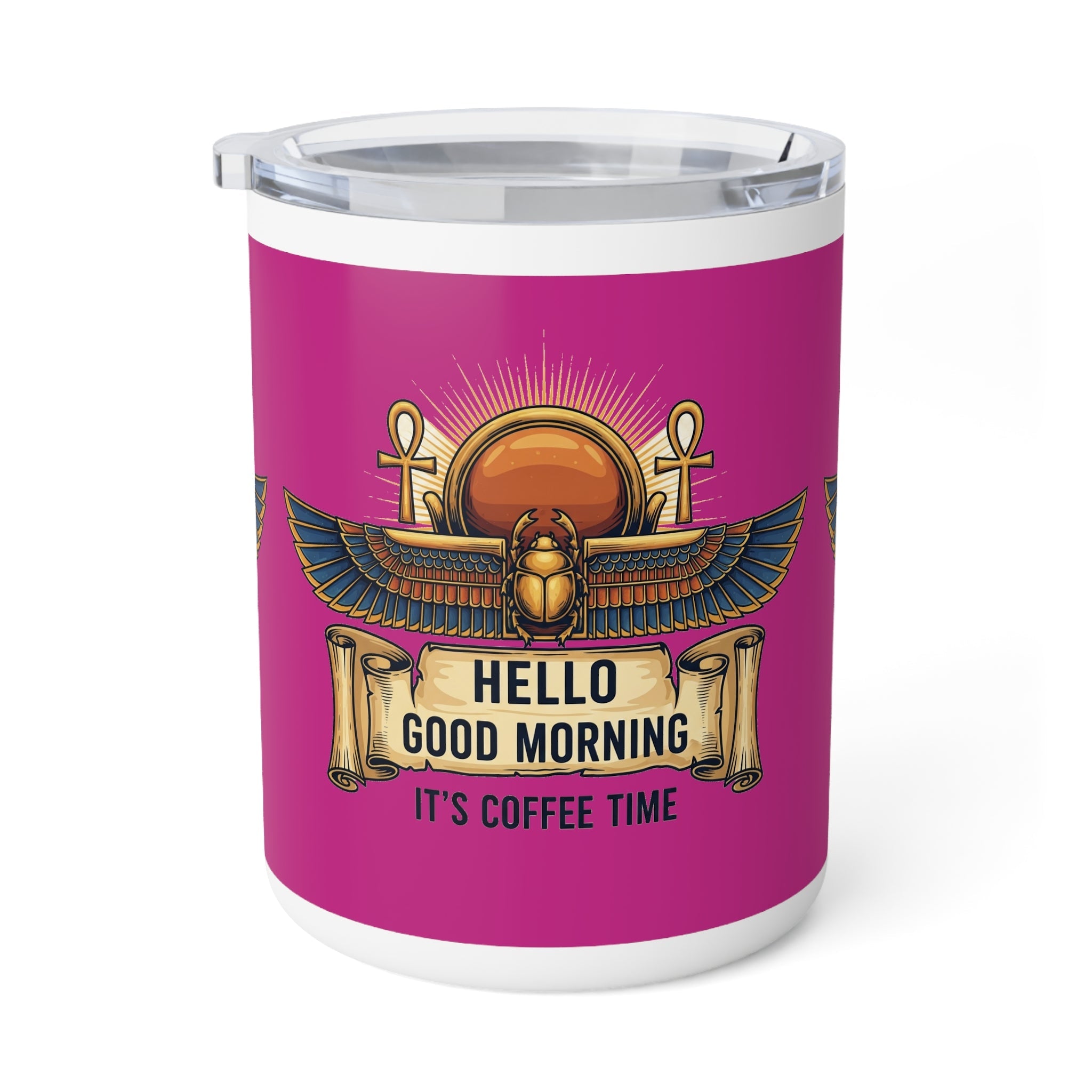 Hello Good Morning Coffee Mug — 10oz Insulated Travel Tumbler with Egyptian Scarab Sunrise Design ☕️