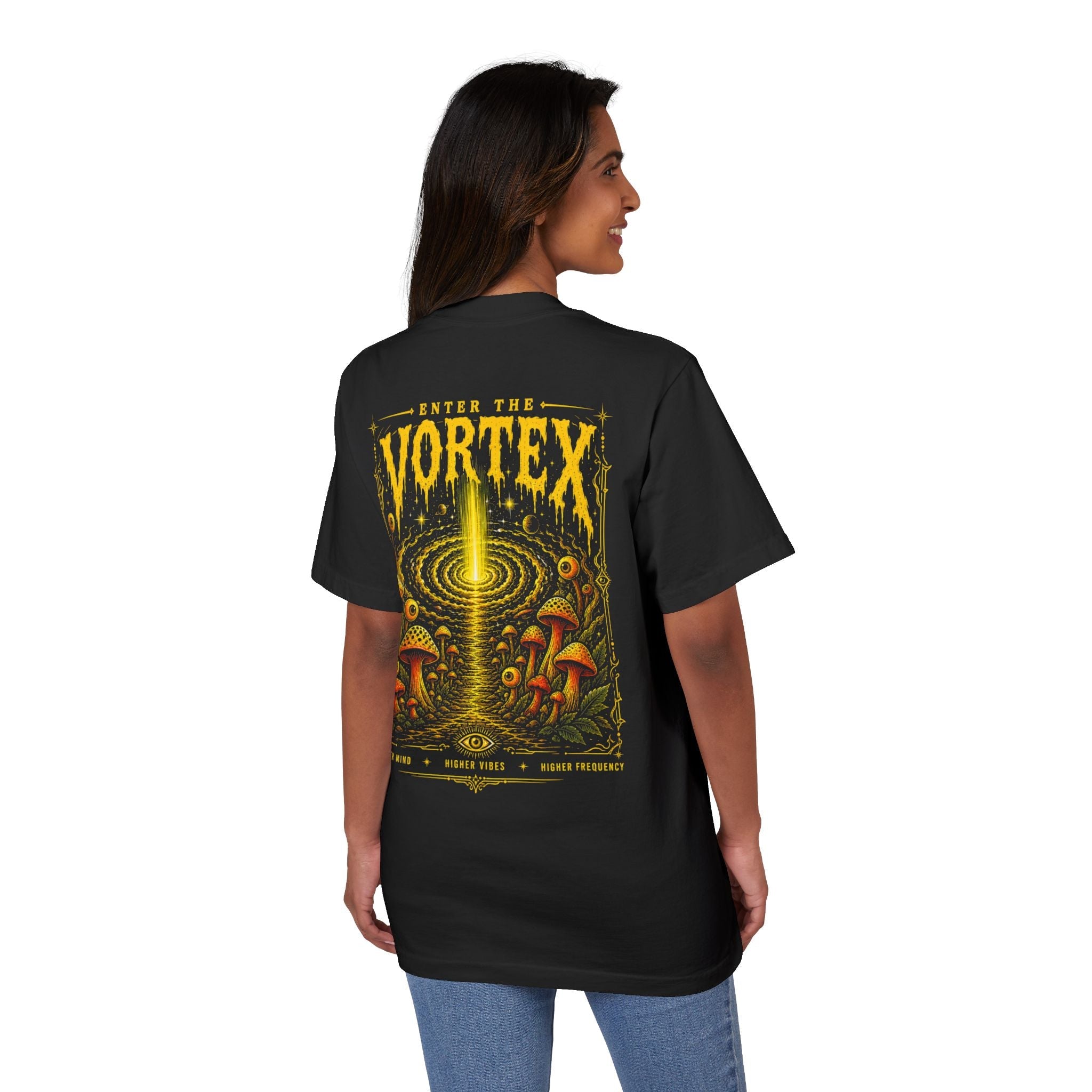 Higher Frequency Enter the Vortex Tee – Psychedelic Mushroom Drop-Shoulder T-Shirt