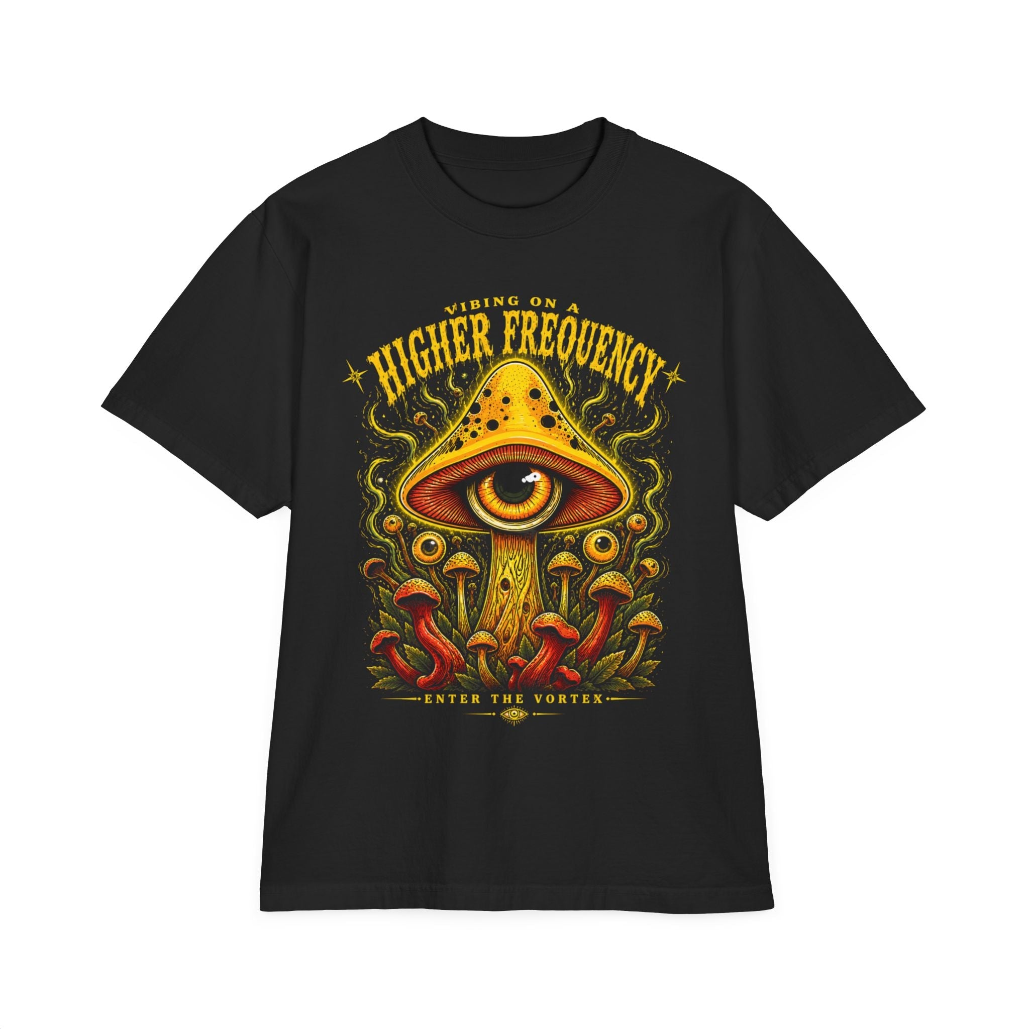 Higher Frequency Enter the Vortex Tee – Psychedelic Mushroom Drop-Shoulder T-Shirt