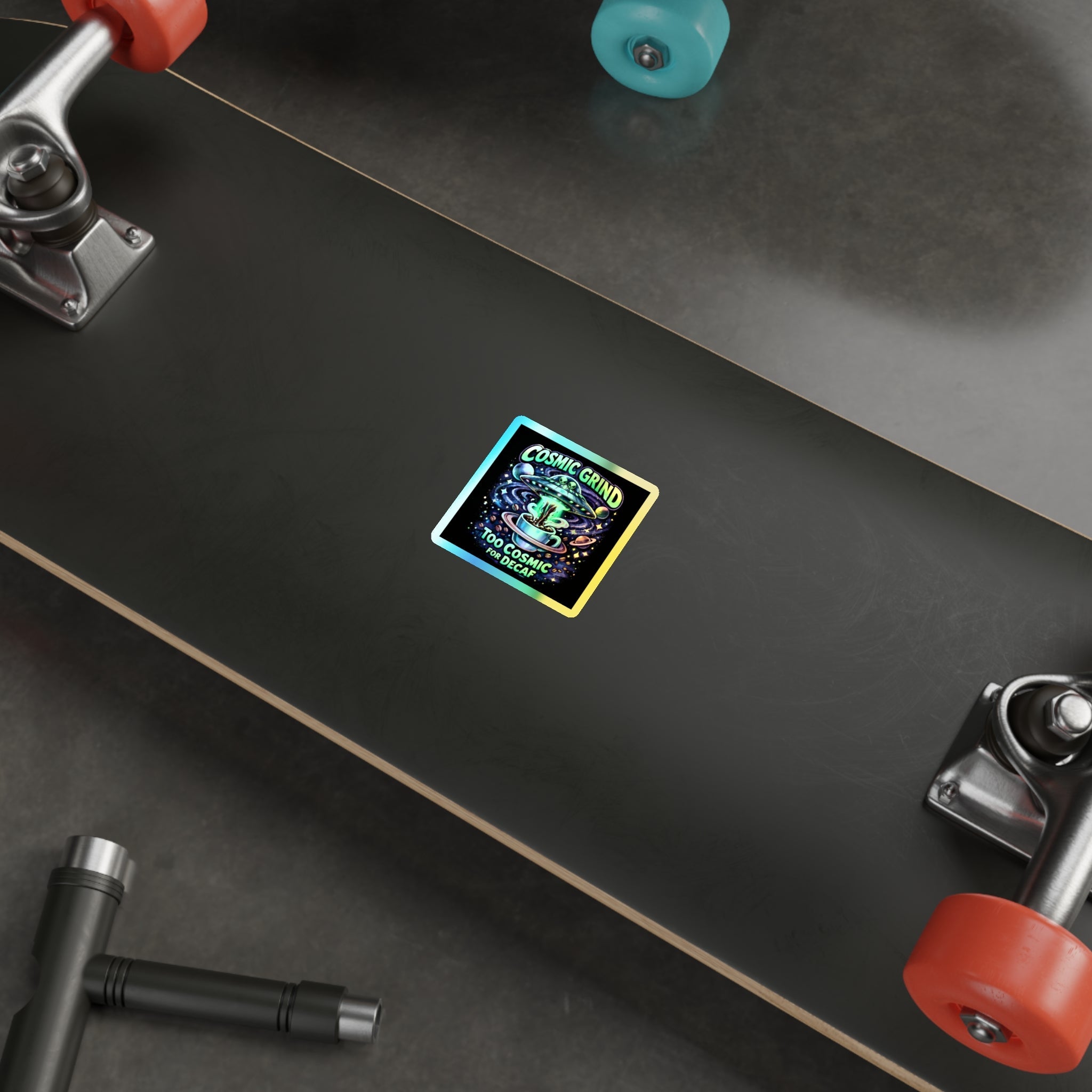 Holographic Sticker — "Cosmic Grind: Too Cosmic for Decaf" UFO Coffee Design Printify
