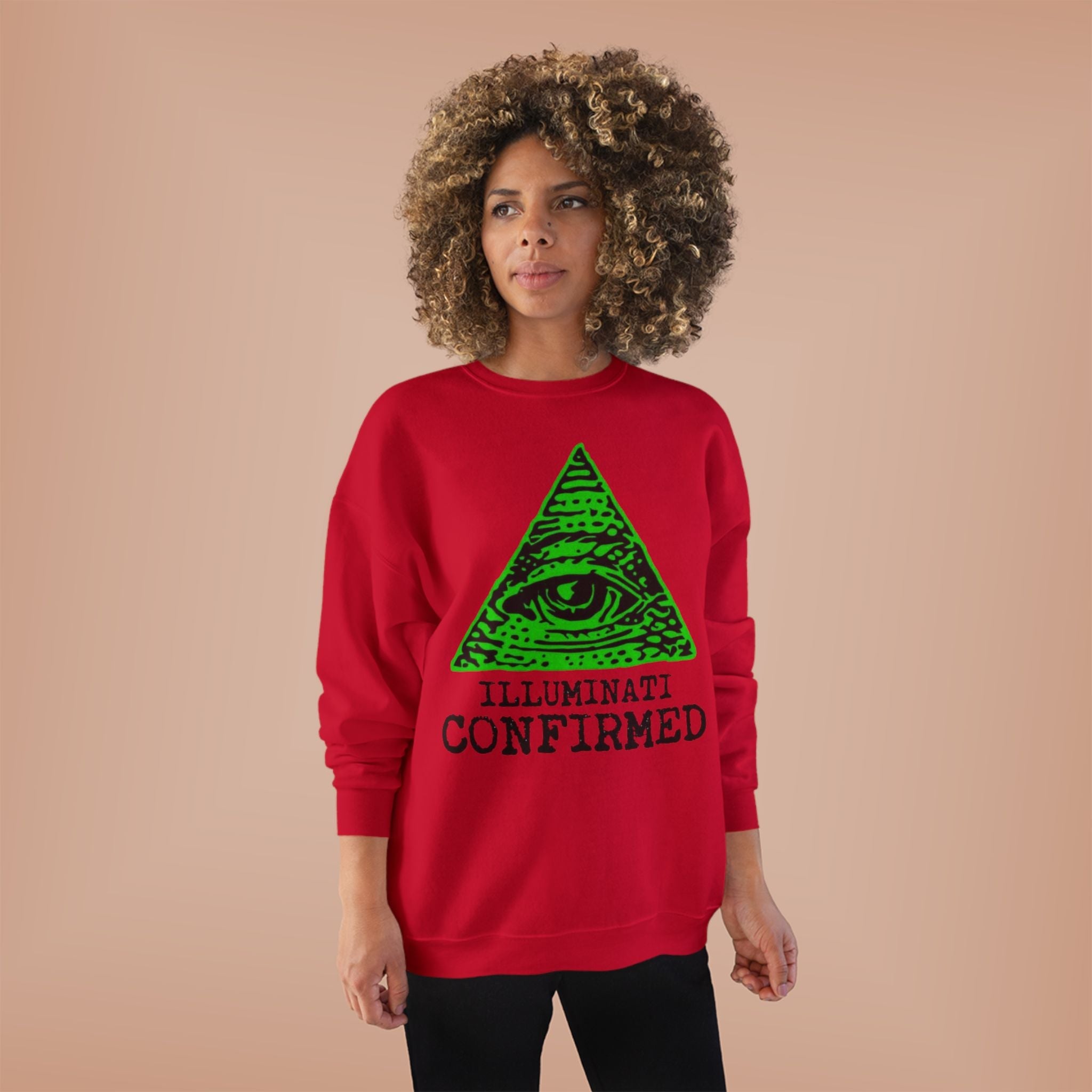 Illuminati Confirmed Crewneck Sweatshirt — Green Pyramid Eye Graphic Printify