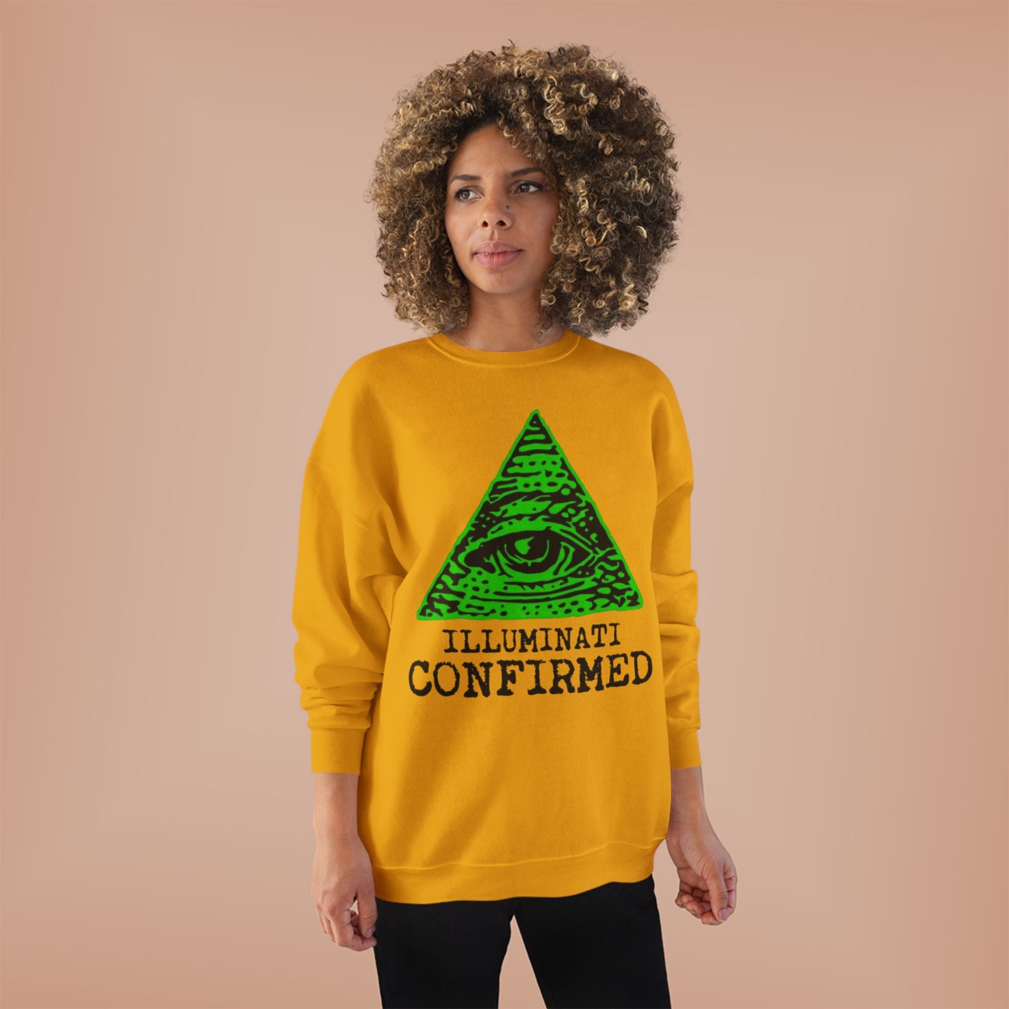 Illuminati Confirmed Crewneck Sweatshirt — Green Pyramid Eye Graphic Printify
