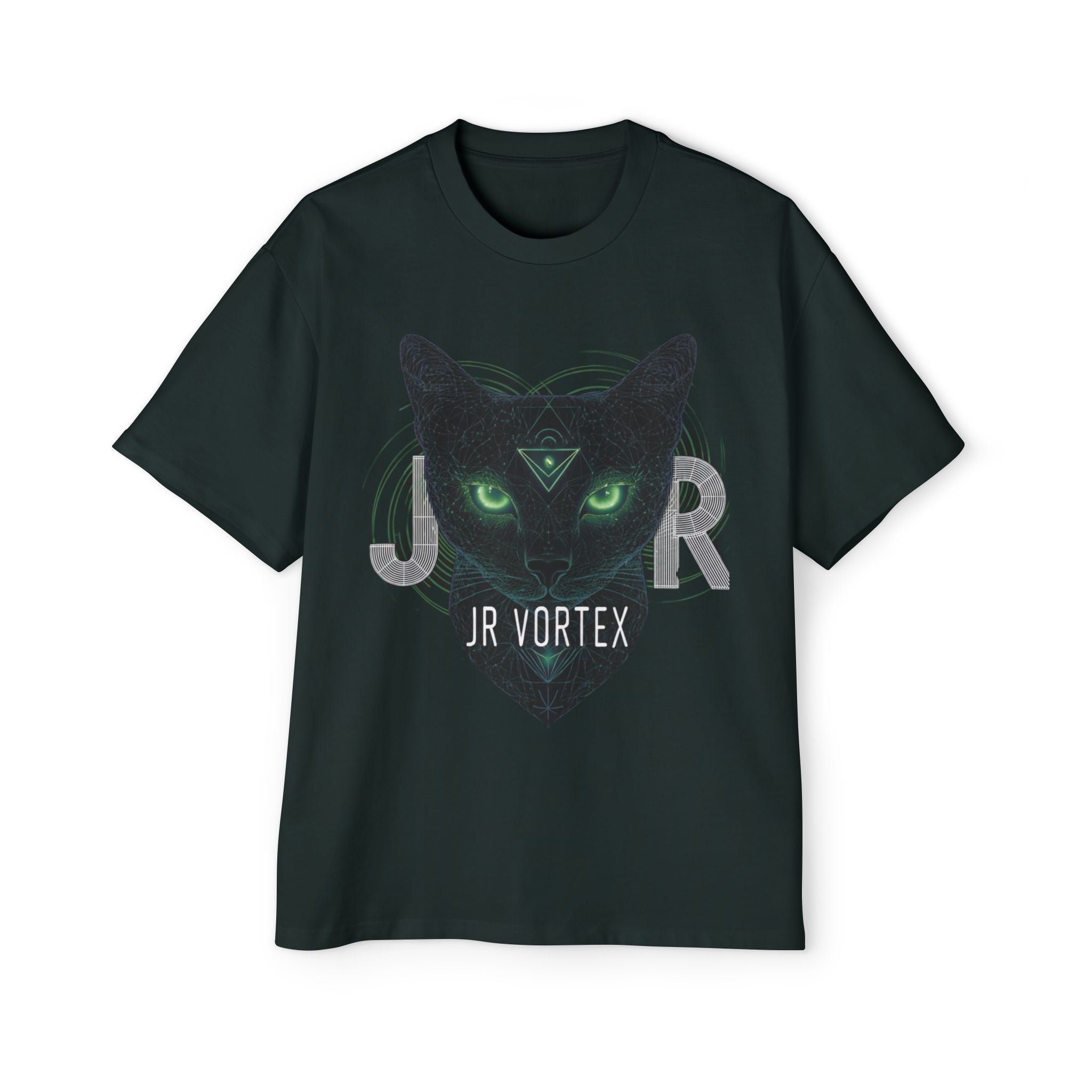 JR Vortex Cat Graphic Tee — Mystical Black Cat T‑Shirt Printify
