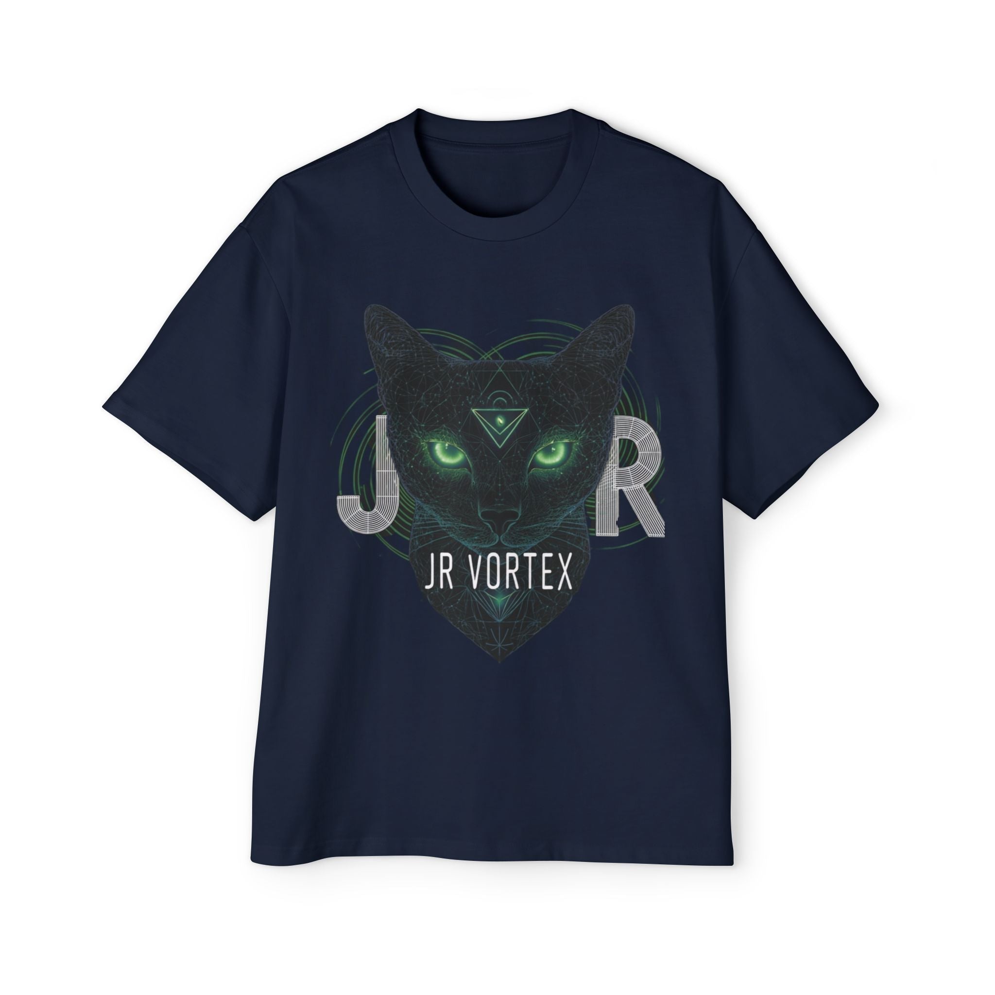 JR Vortex Cat Graphic Tee — Mystical Black Cat T‑Shirt Printify