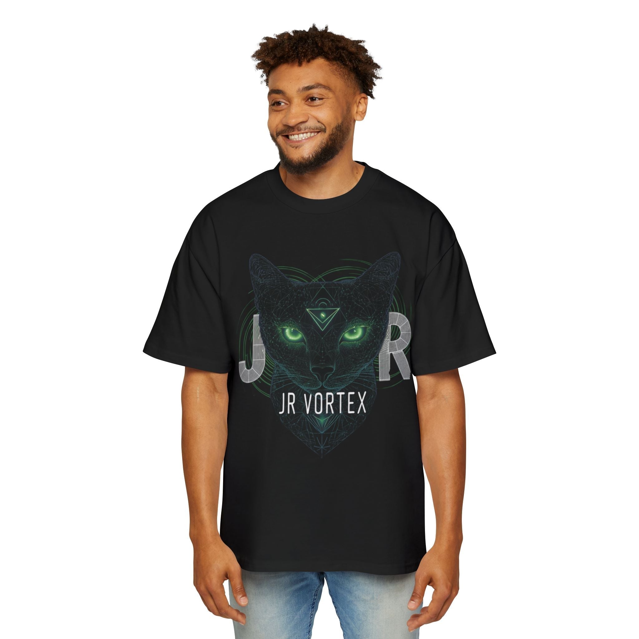 JR Vortex Cat Graphic Tee — Mystical Black Cat T‑Shirt Printify
