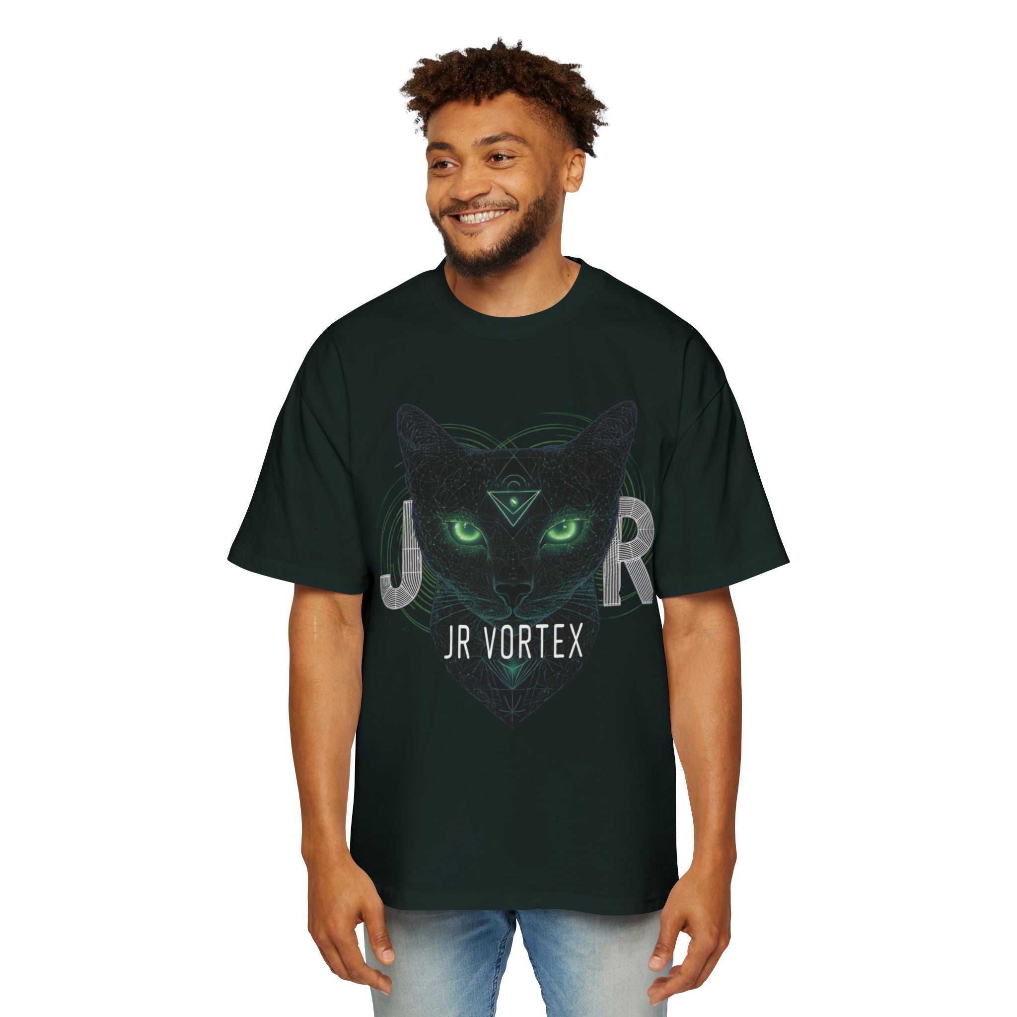 JR Vortex Cat Graphic Tee — Mystical Black Cat T‑Shirt Printify