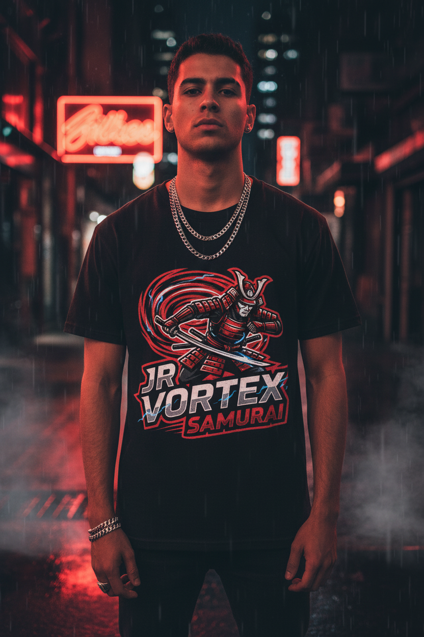JR Vortex Red Samurai Tee — Night Red Glow Lifestyle
