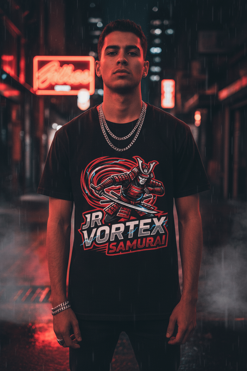 JR Vortex Red Samurai Tee — Night Red Glow Lifestyle
