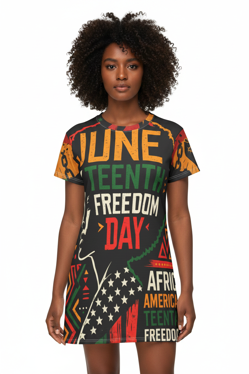 Juneteenth Dress Front View - Black Woman Model